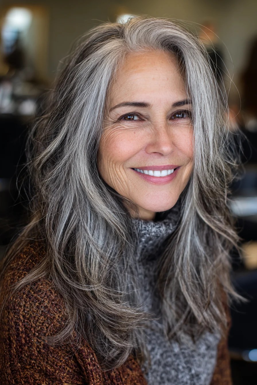 Long Silver Waves With a Cozy Turtleneck — stylish haircut on a fashion-loving woman over 70