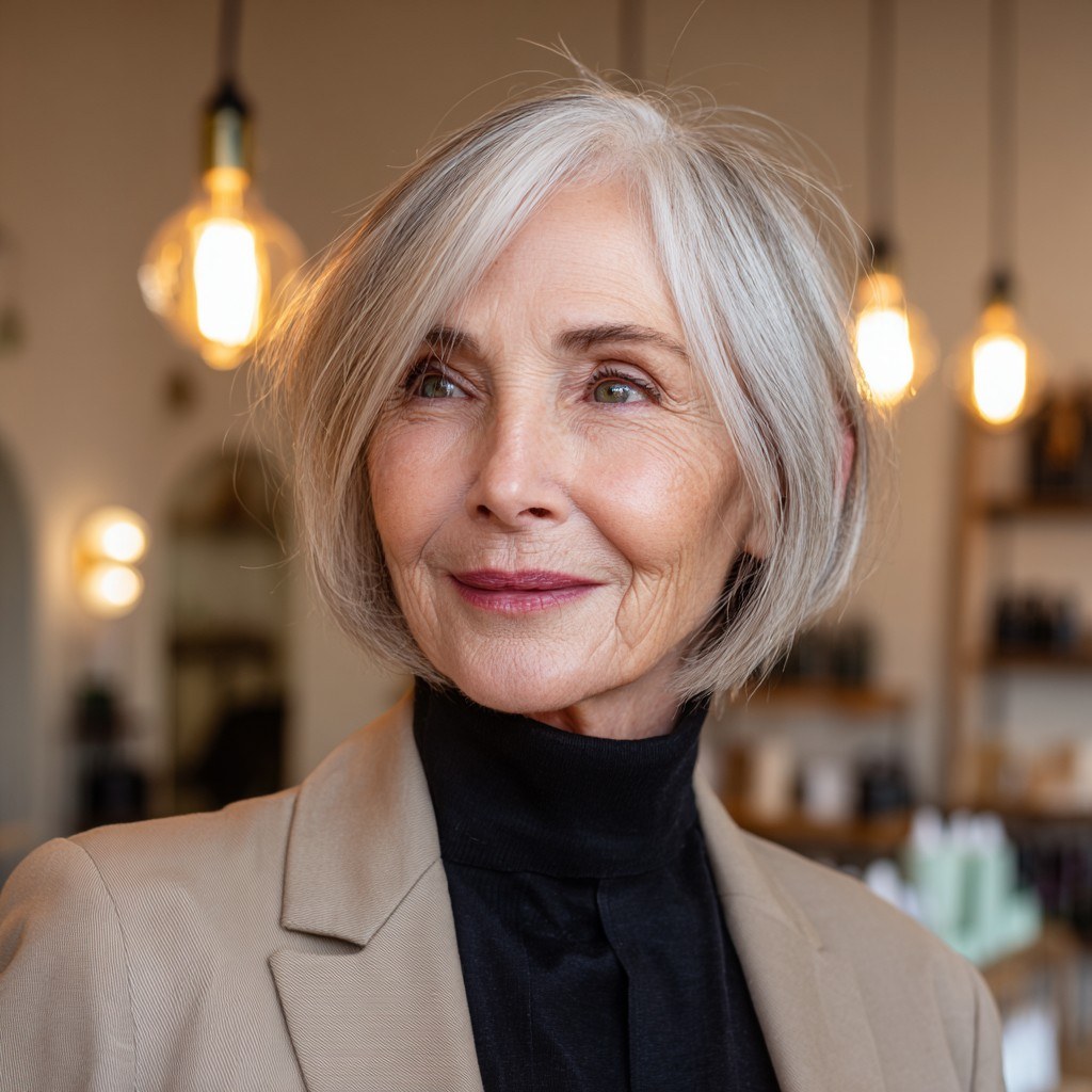 Silver Bob With a Tailored Blazer — stylish haircut on a fashion-loving woman over 70