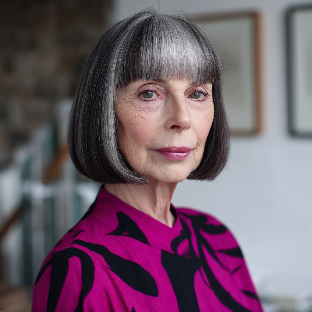 Graphic Dark Bob With a Magenta Top — stylish haircut on a fashion-loving woman over 70