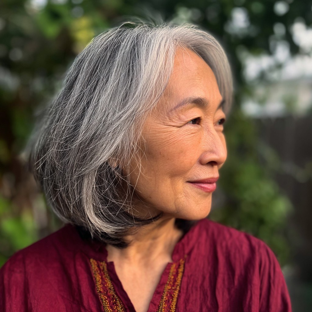 Blunt Gray Lob With a Burgundy Blouse — stylish haircut on a fashion-loving woman over 70