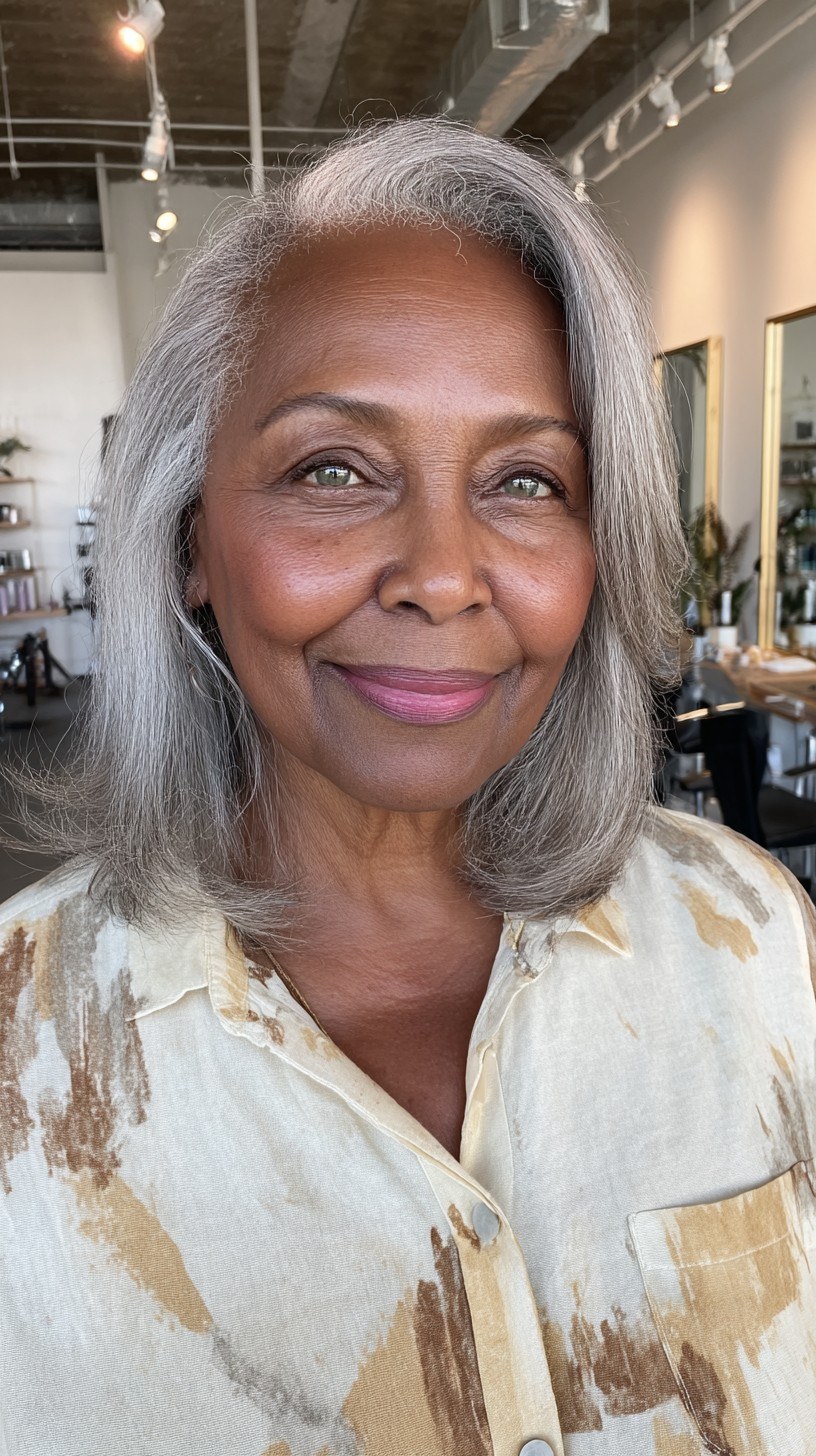 Long Gray Layers With a Printed Shirt — stylish haircut on a fashion-loving woman over 70