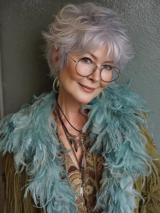 Lavender-Tinged Curls With a Feather Boa — stylish haircut on a fashion-loving woman over 70