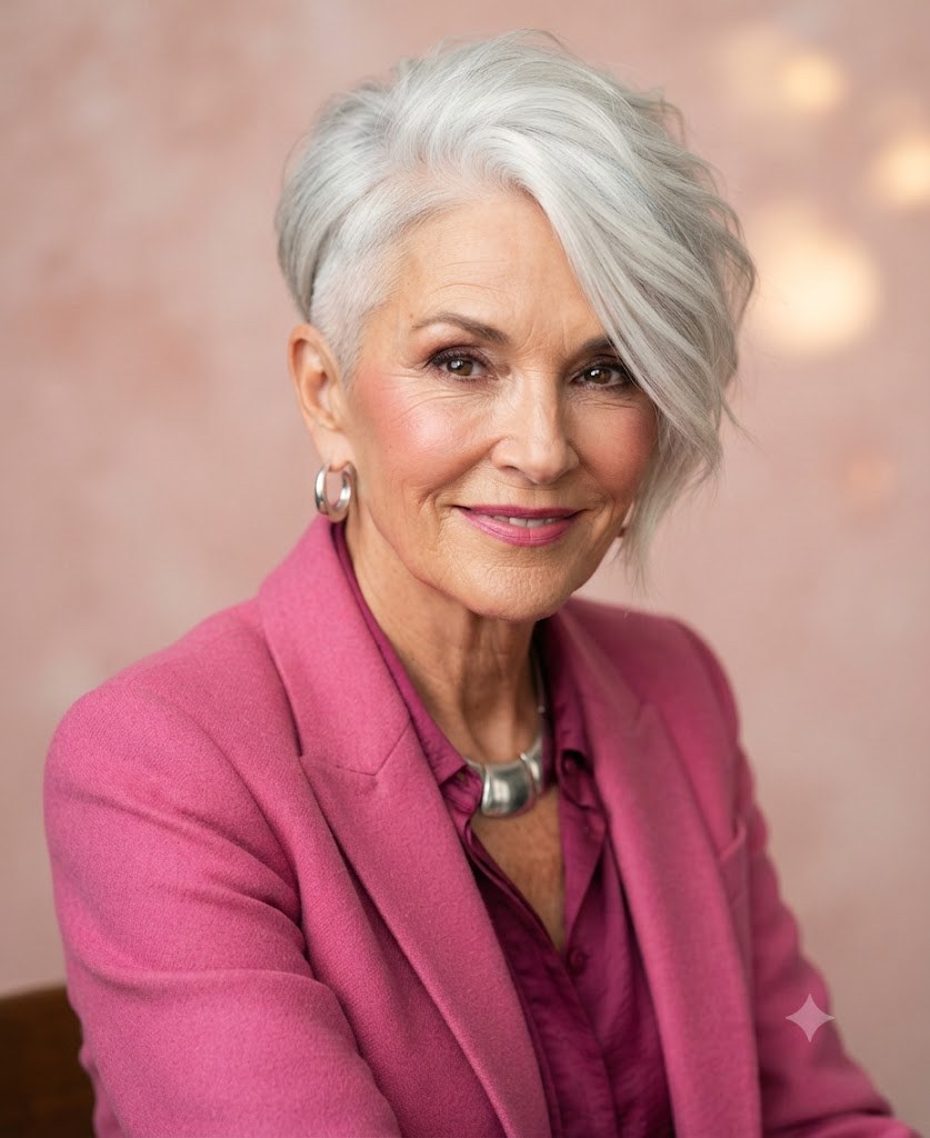 Side-Swept Silver With a Pink Blazer — stylish haircut on a fashion-loving woman over 70