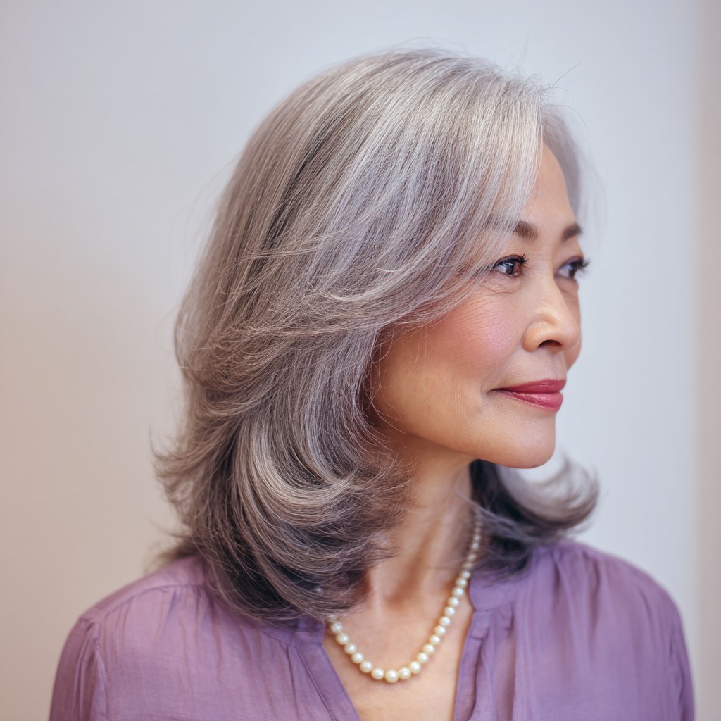 Long Layered Gray With Pearls — stylish haircut on a fashion-loving woman over 70