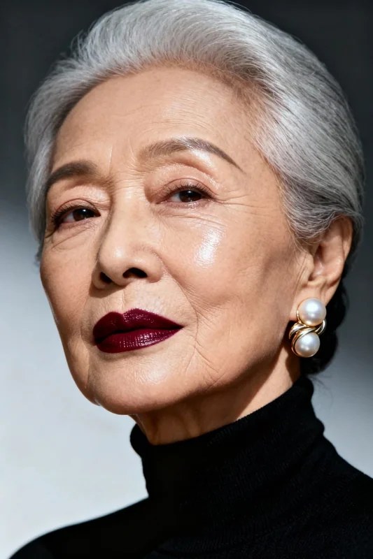 Sleek Gray With a Bold Red Lip — stylish haircut on a fashion-loving woman over 70