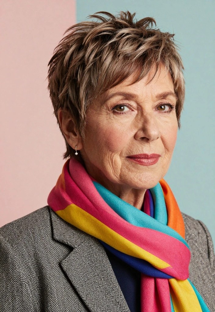 Short Brown Pixie With a Rainbow Scarf — stylish haircut on a fashion-loving woman over 70