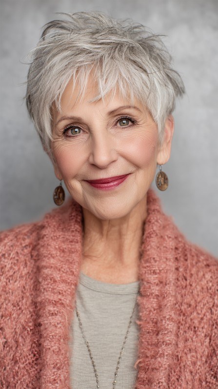 Feathered Pixie With a Rose-Pink Cardigan — stylish haircut on a fashion-loving woman over 70