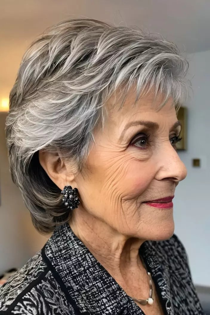 Feathered Layers With a Tweed Jacket — stylish haircut on a fashion-loving woman over 70