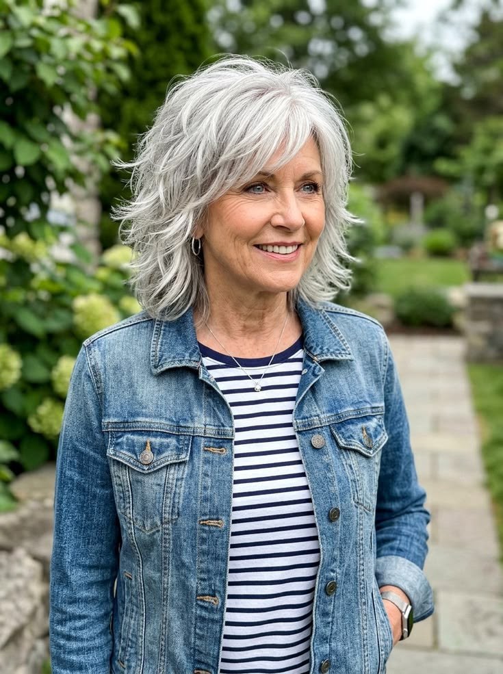 Wavy Silver Bob With a Denim Jacket — stylish haircut on a fashion-loving woman over 70