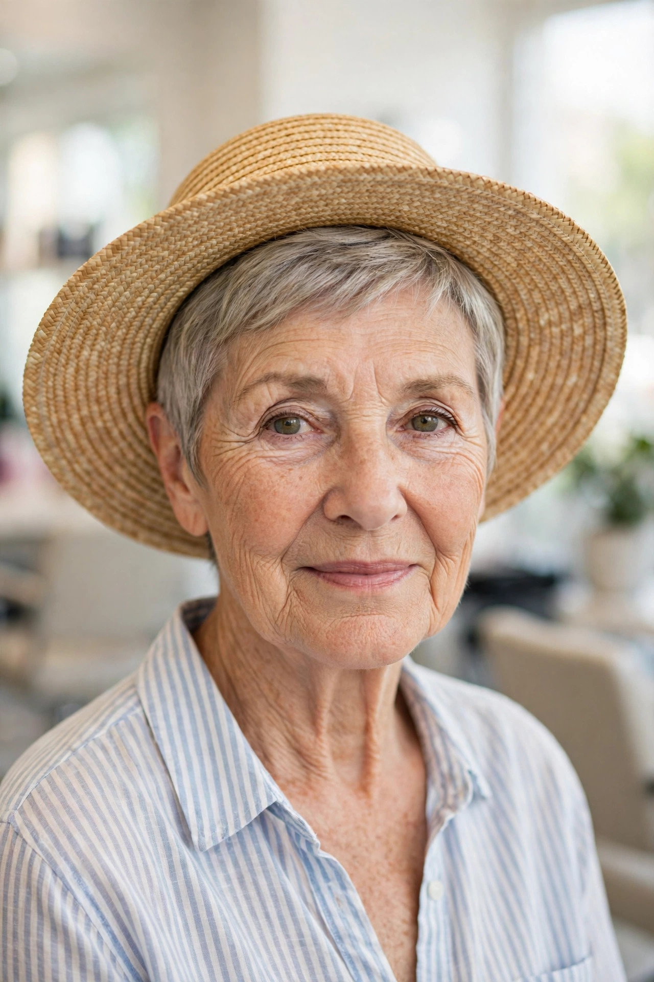 Hat-Friendly Short Crop with a Smooth Crown - summer haircut for women over 60
