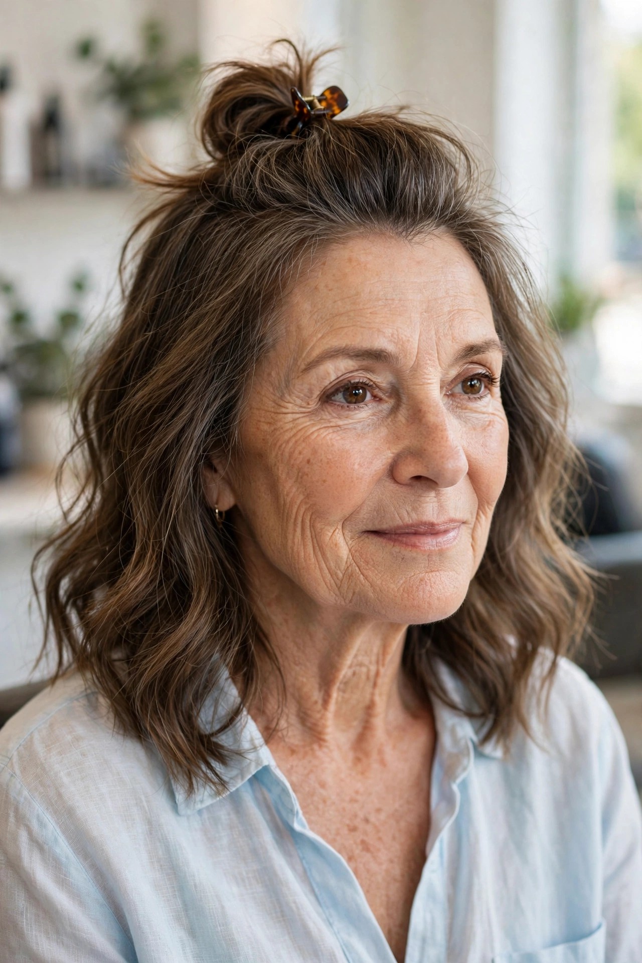 Half-Up Claw-Clip Style — summer hairstyle on a woman over 50