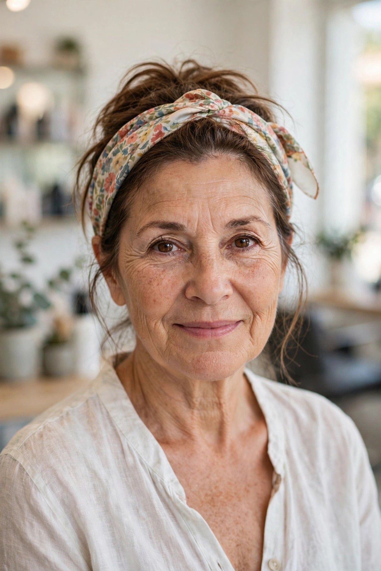 Scarf-Tied Updo — summer hairstyle on a woman over 50