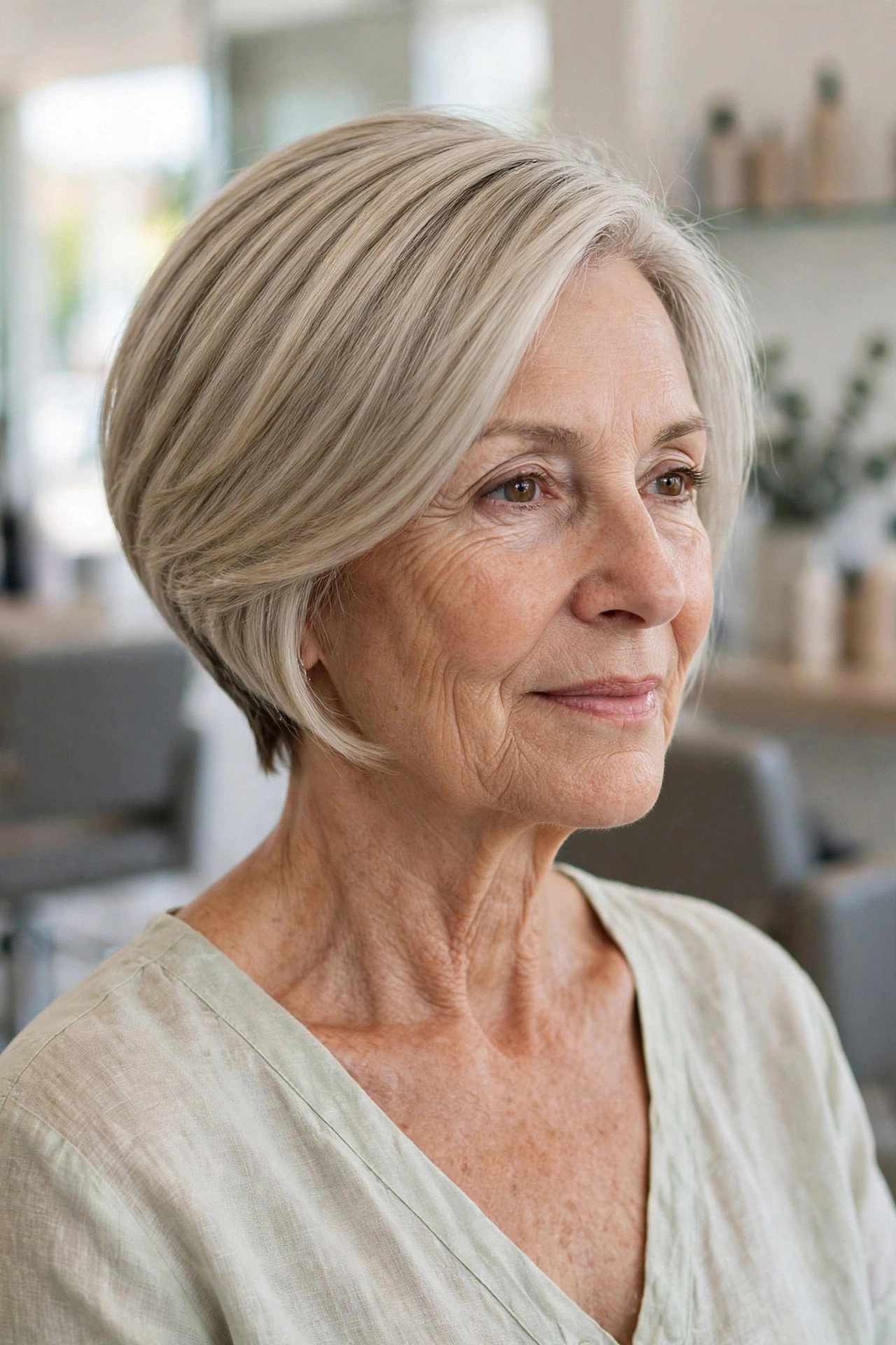 Angled Bob, Shorter at the Back — summer hairstyle on a woman over 50