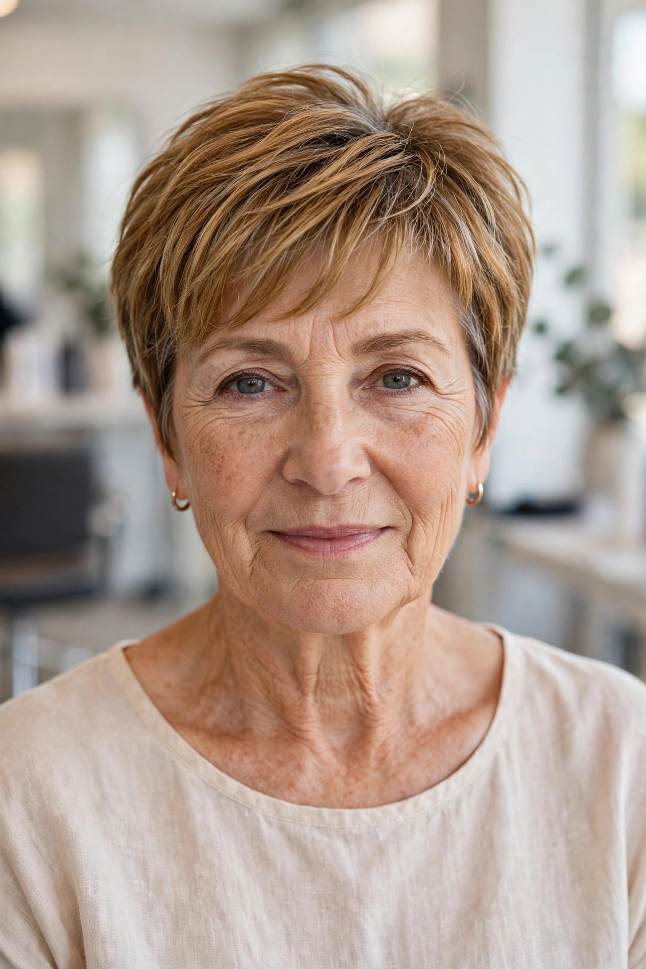 Feathered Crop with a Wispy Fringe — summer hairstyle on a woman over 50