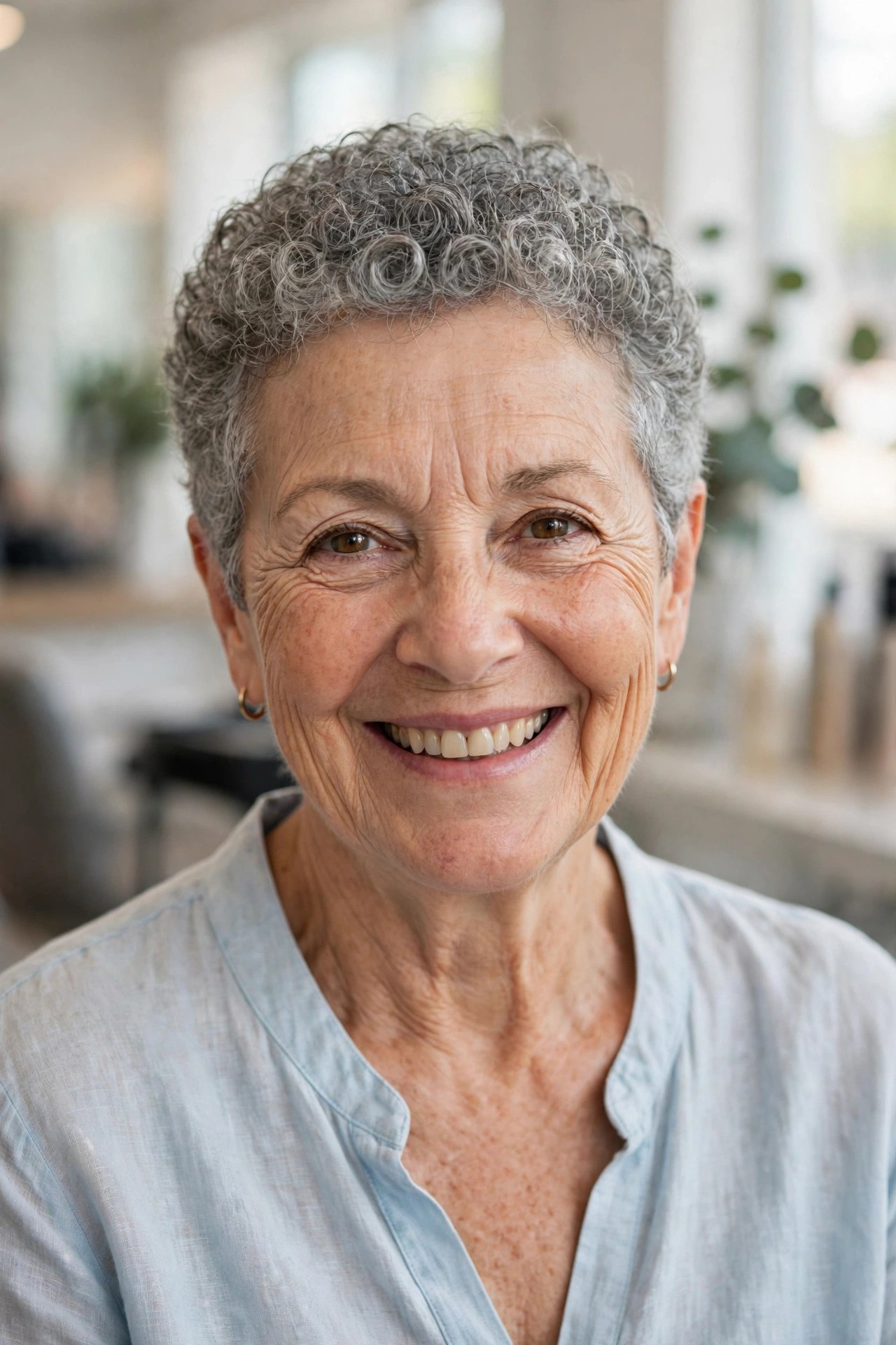 Wash-and-Go Gray Curl Crop — summer hairstyle on a woman over 50