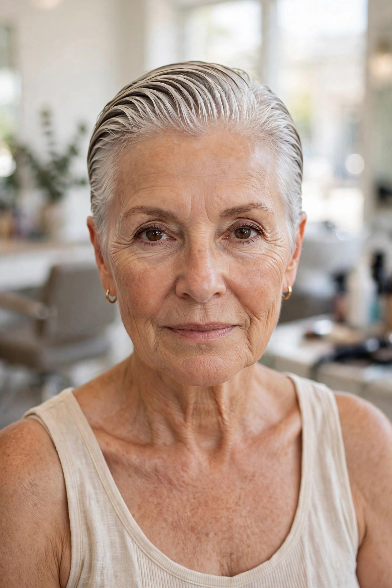 Slicked-Back Wet-Look Pixie — summer hairstyle on a woman over 50