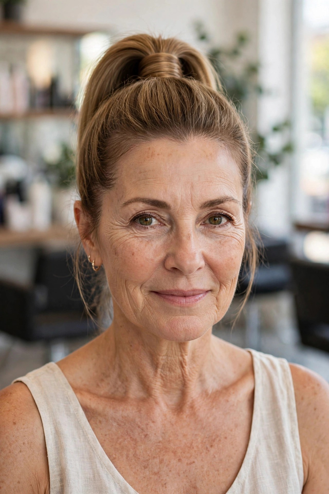High Ponytail with a Wrapped Base — summer hairstyle on a woman over 50