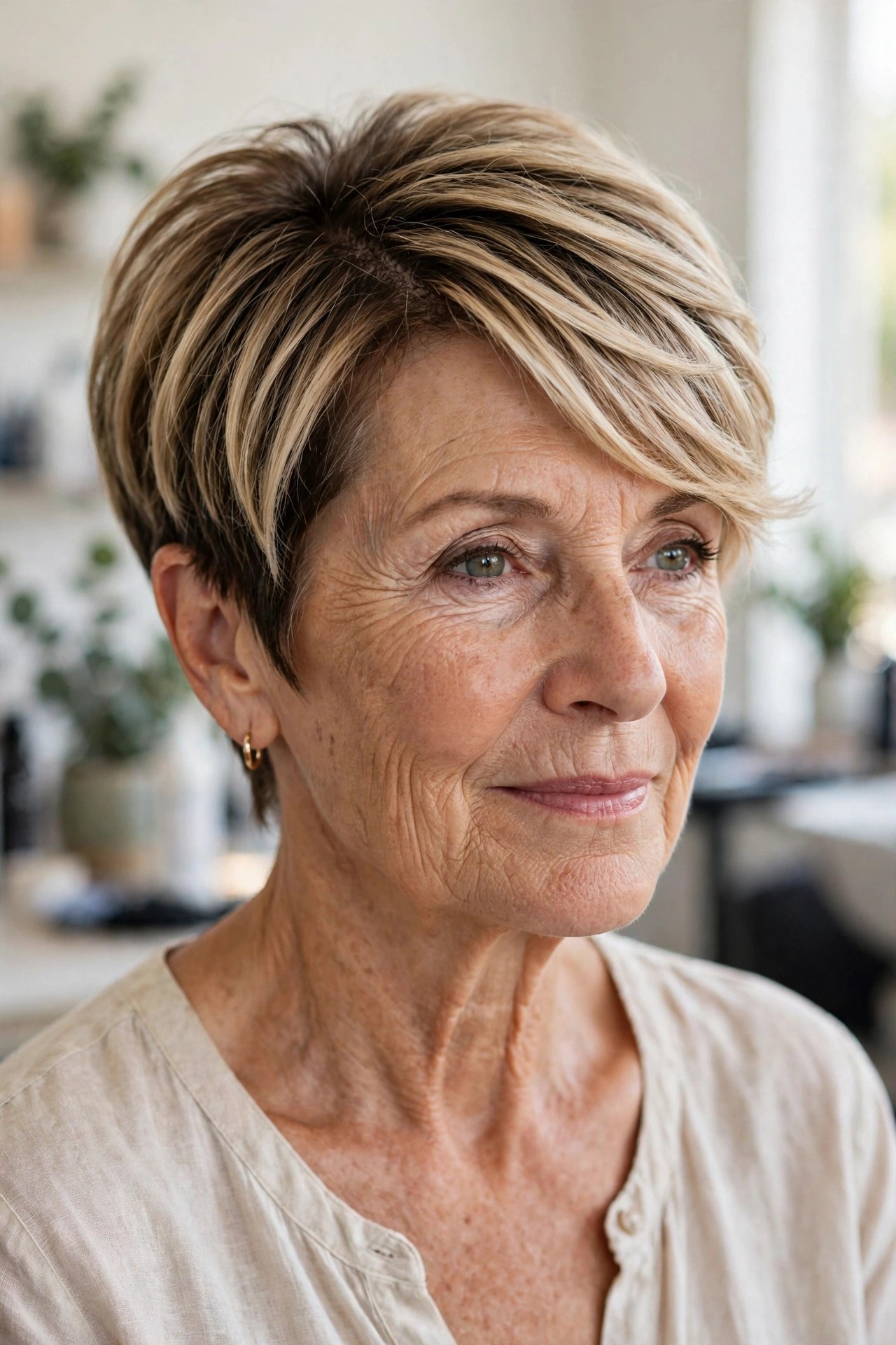 Side-Swept Bixie — summer hairstyle on a woman over 50