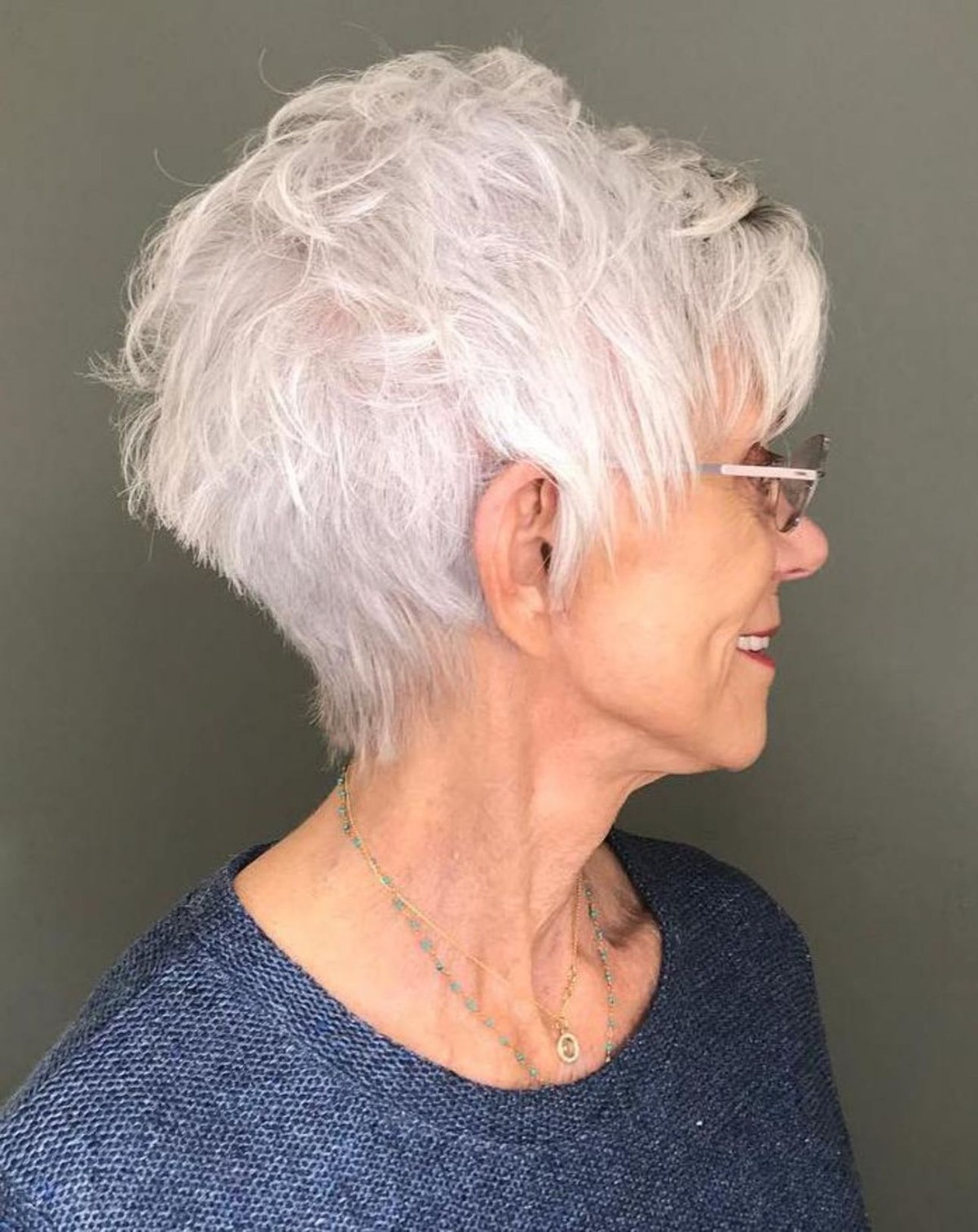 Woman over 70 with voluminous White Crop with Glasses — summer short haircut for women over 70