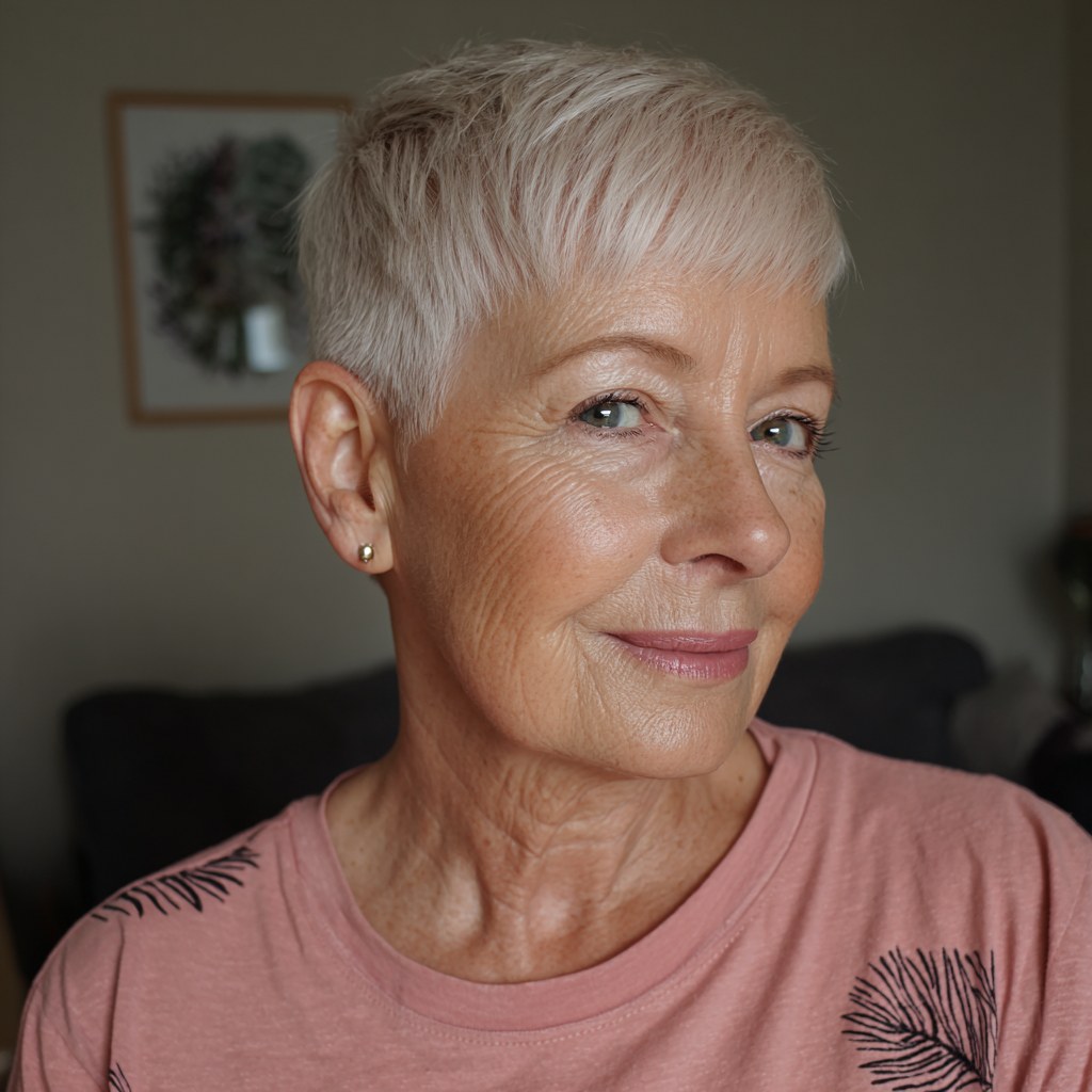 Woman over 70 with classic Pixie Profile with Pearl Earring — summer short haircut for women over 70