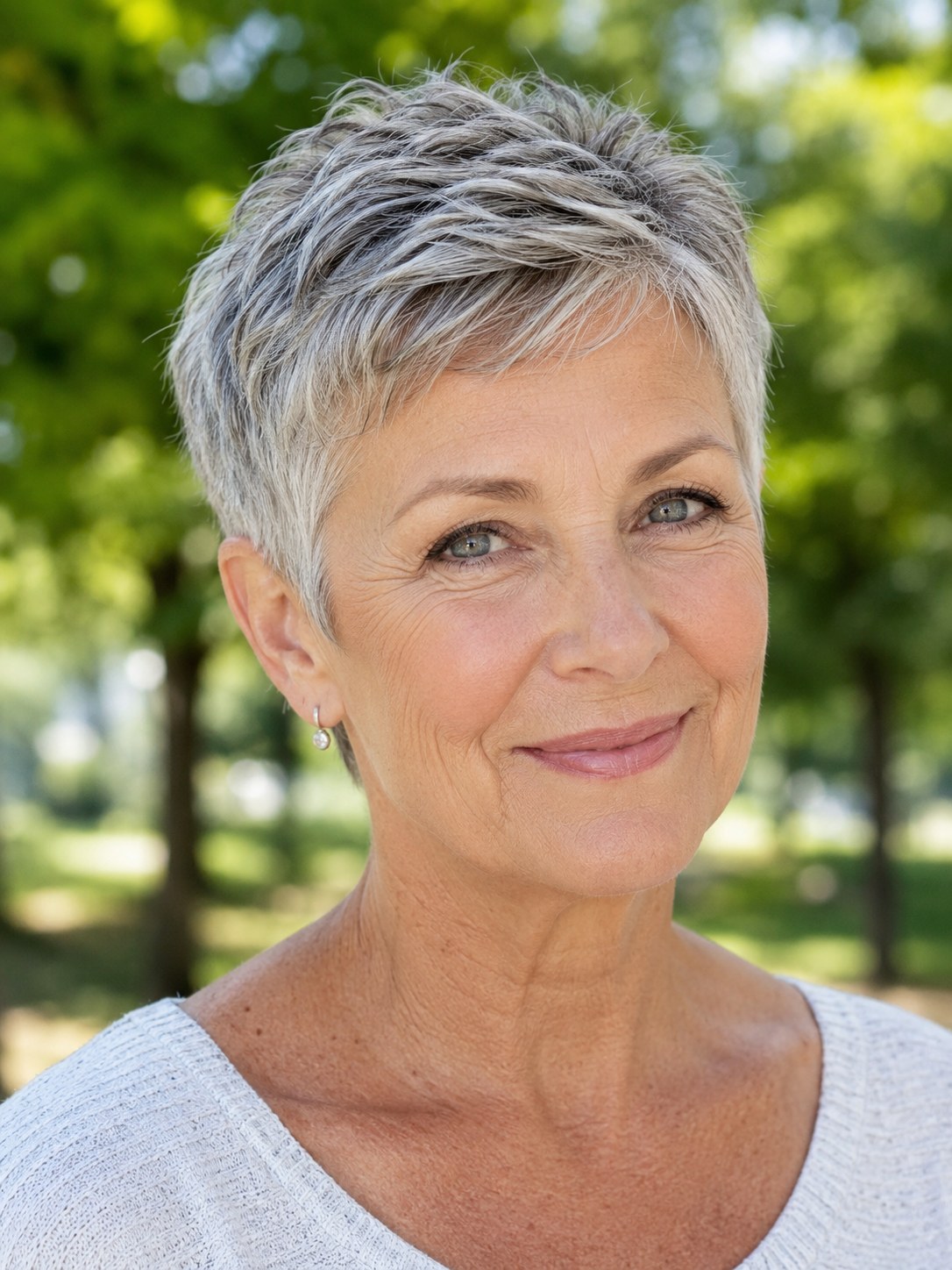 Woman over 70 with garden-Fresh Short Crop with a Smile — summer short haircut for women over 70
