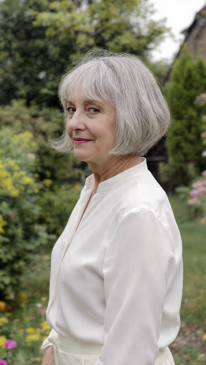 Woman over 70 with garden Bob in a Crisp White Shirt — summer short haircut for women over 70