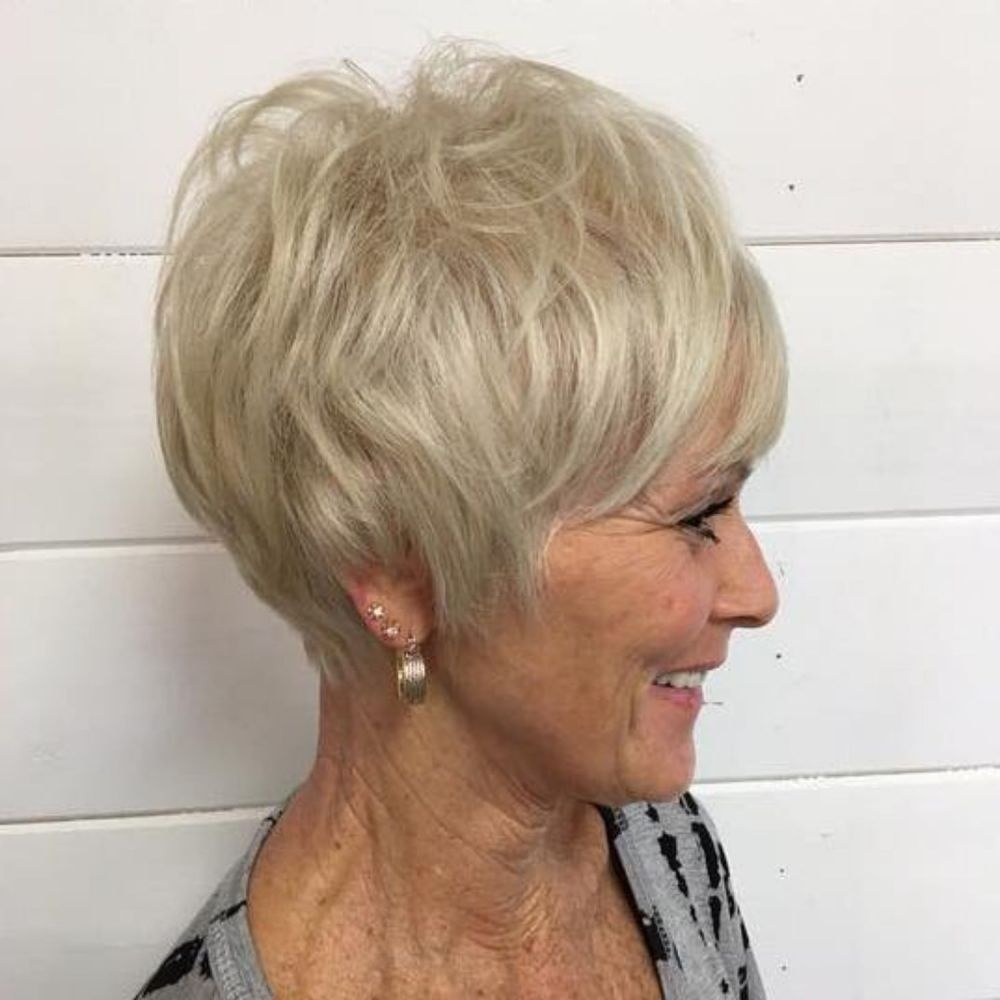Woman over 70 with blonde Wedge Smiling in Profile — summer short haircut for women over 70