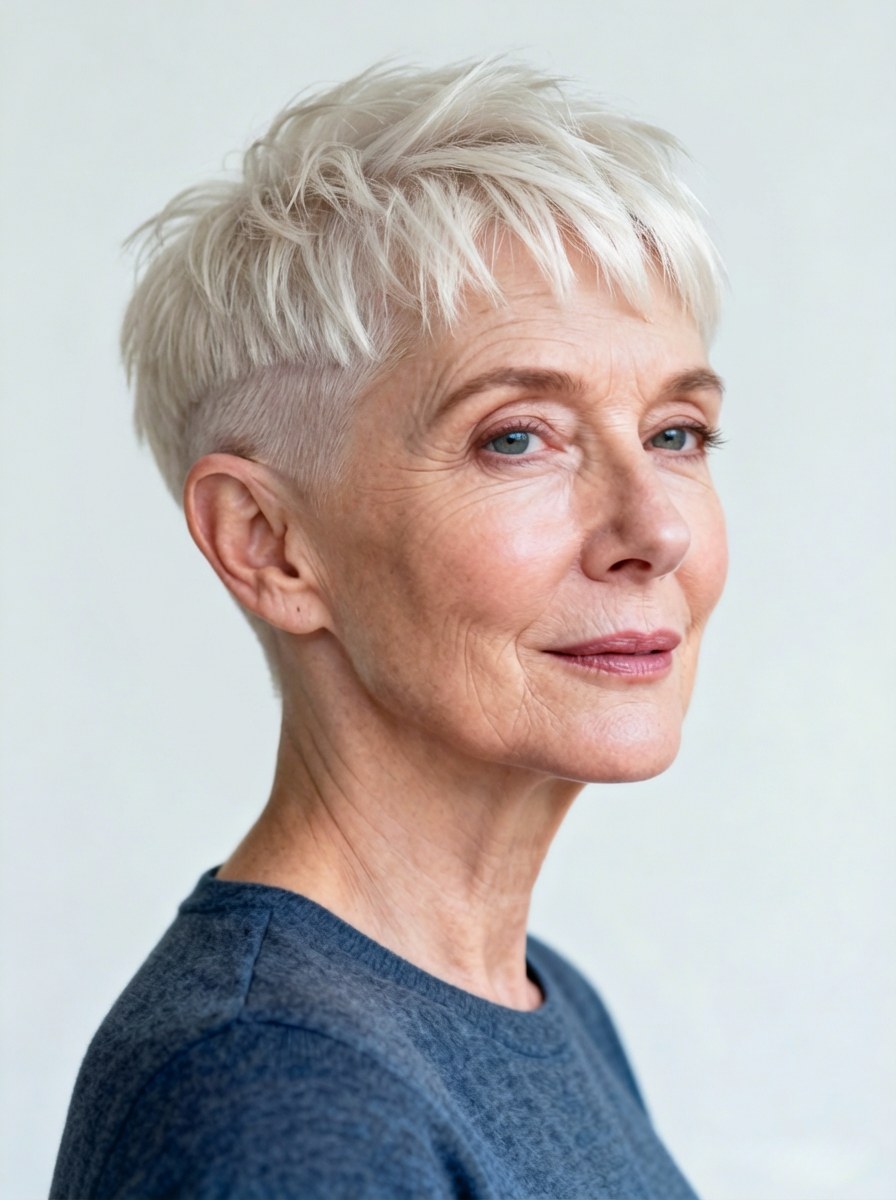 Woman over 70 with close White Crop, Cool in Profile — summer short haircut for women over 70