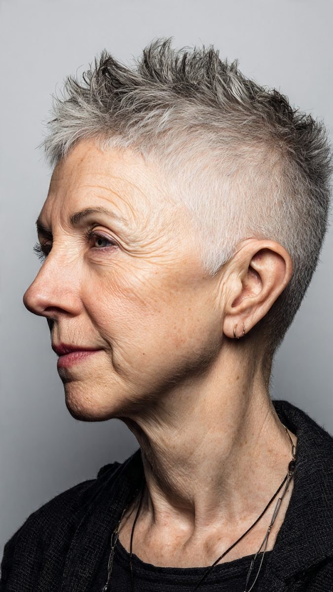 Woman over 70 with shaved-Side Crop for Serious Heat — summer short haircut for women over 70