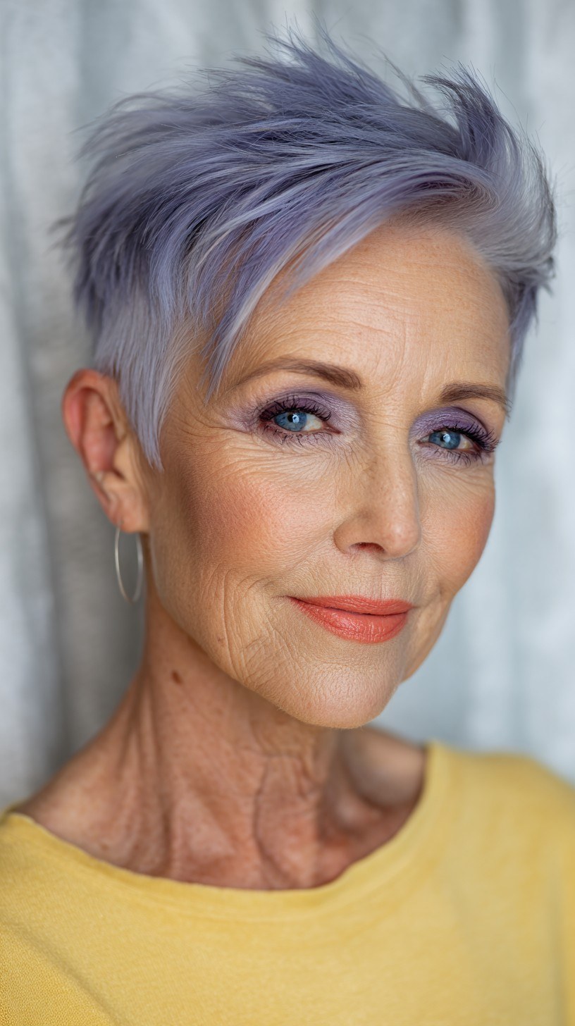 Woman over 70 with lavender Pixie in a Sunshine Yellow Top — summer short haircut for women over 70