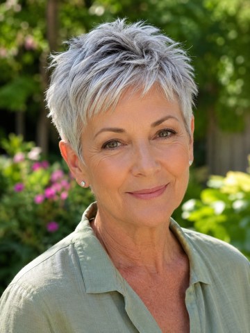 Woman over 70 with choppy Pixie for Warm Garden Days — summer short haircut for women over 70