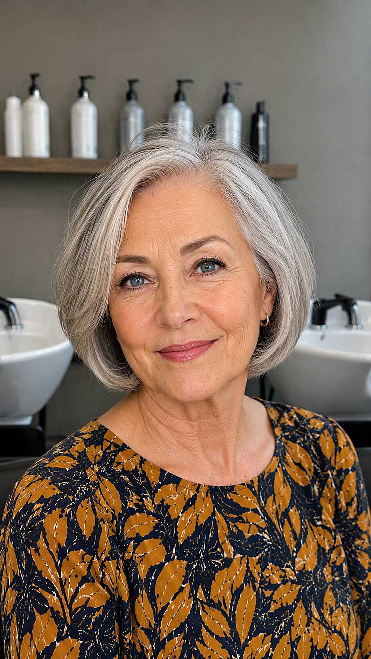Woman over 70 with salon Bob Cropped Above the Collar — summer short haircut for women over 70