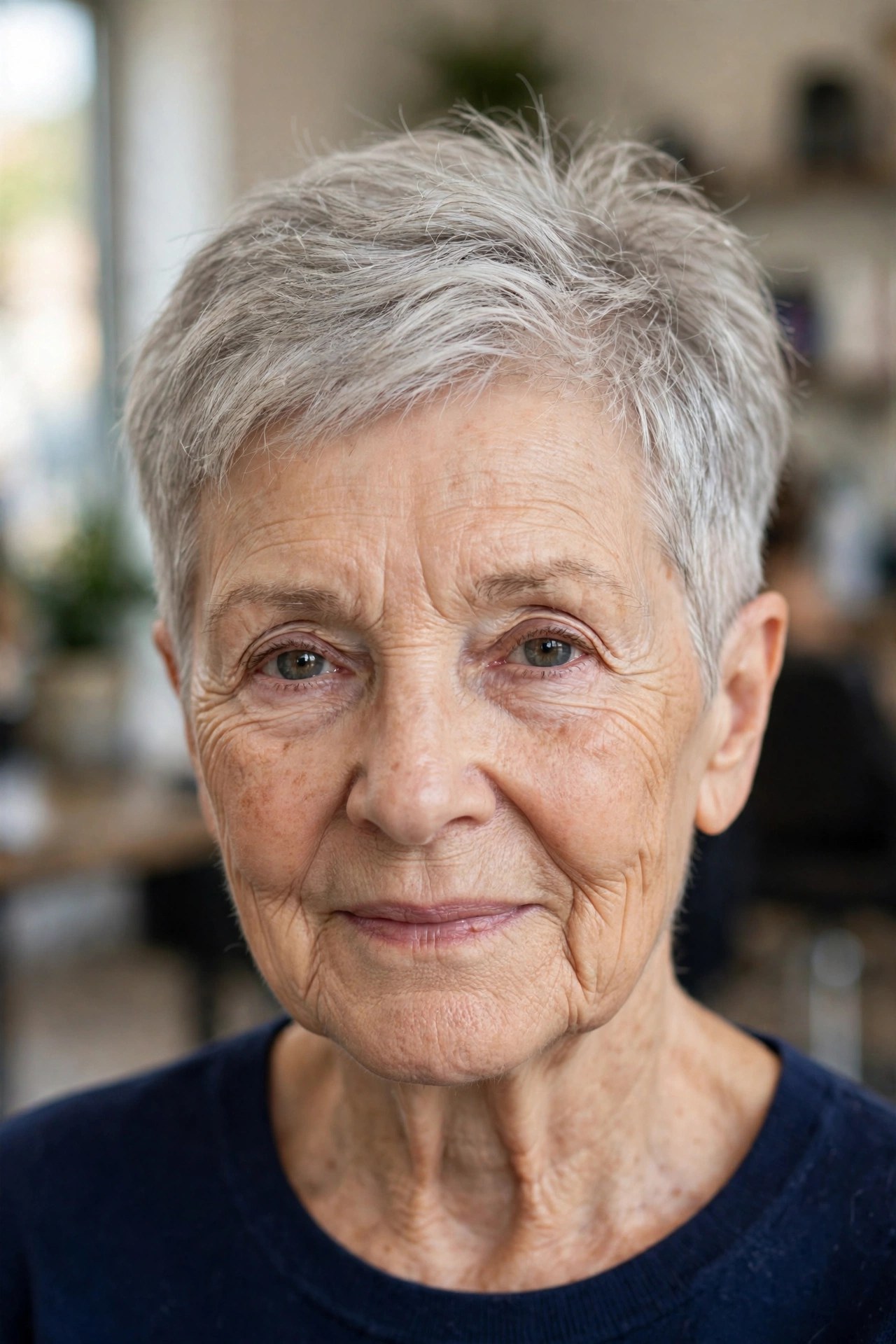 Classic Tapered Pixie with a Textured Silver Top on a woman over 60 - tapered pixie cut for fine hair