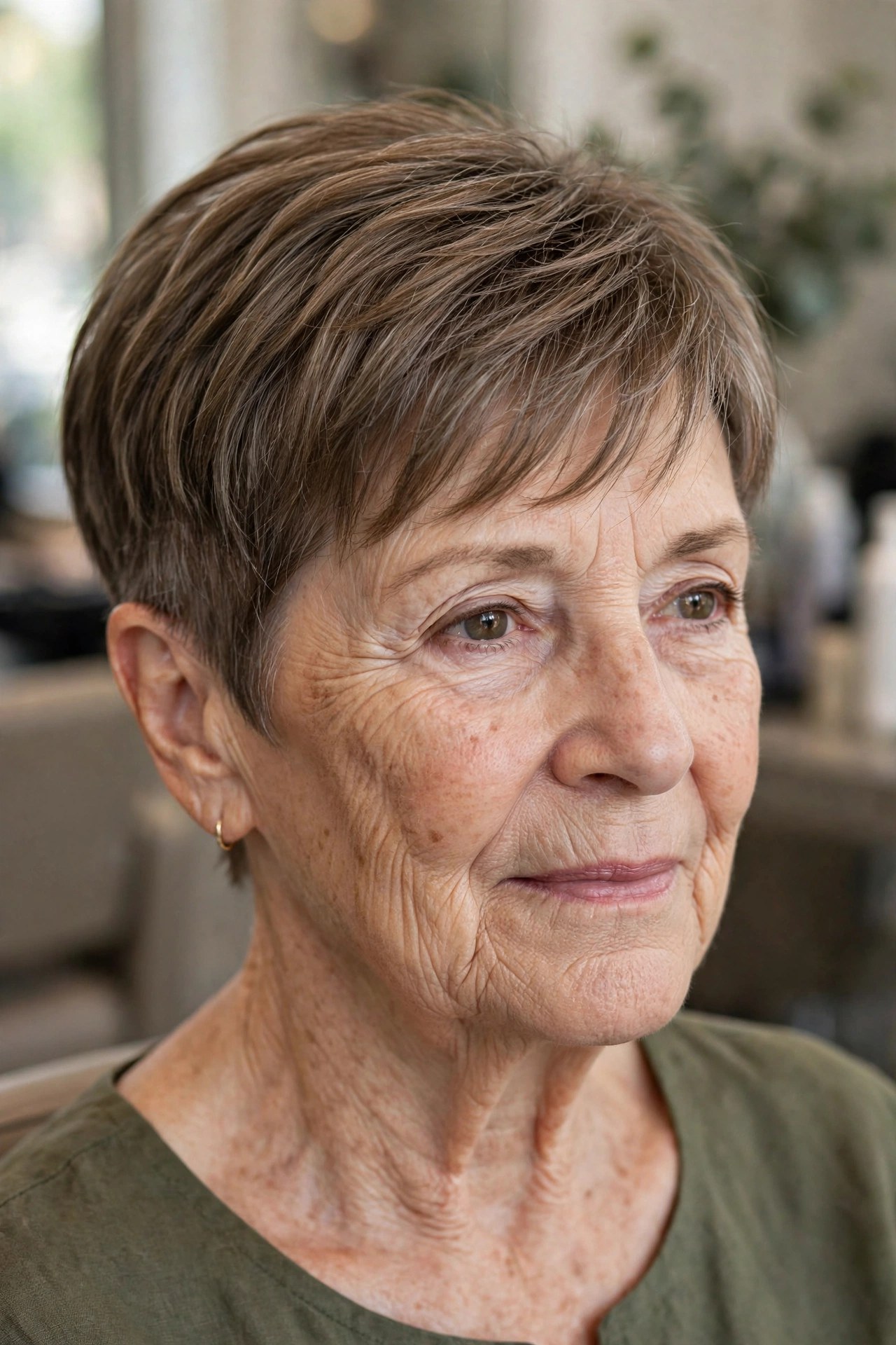 Brushed-Forward Tapered Pixie on a woman over 60 - tapered pixie cut for fine hair