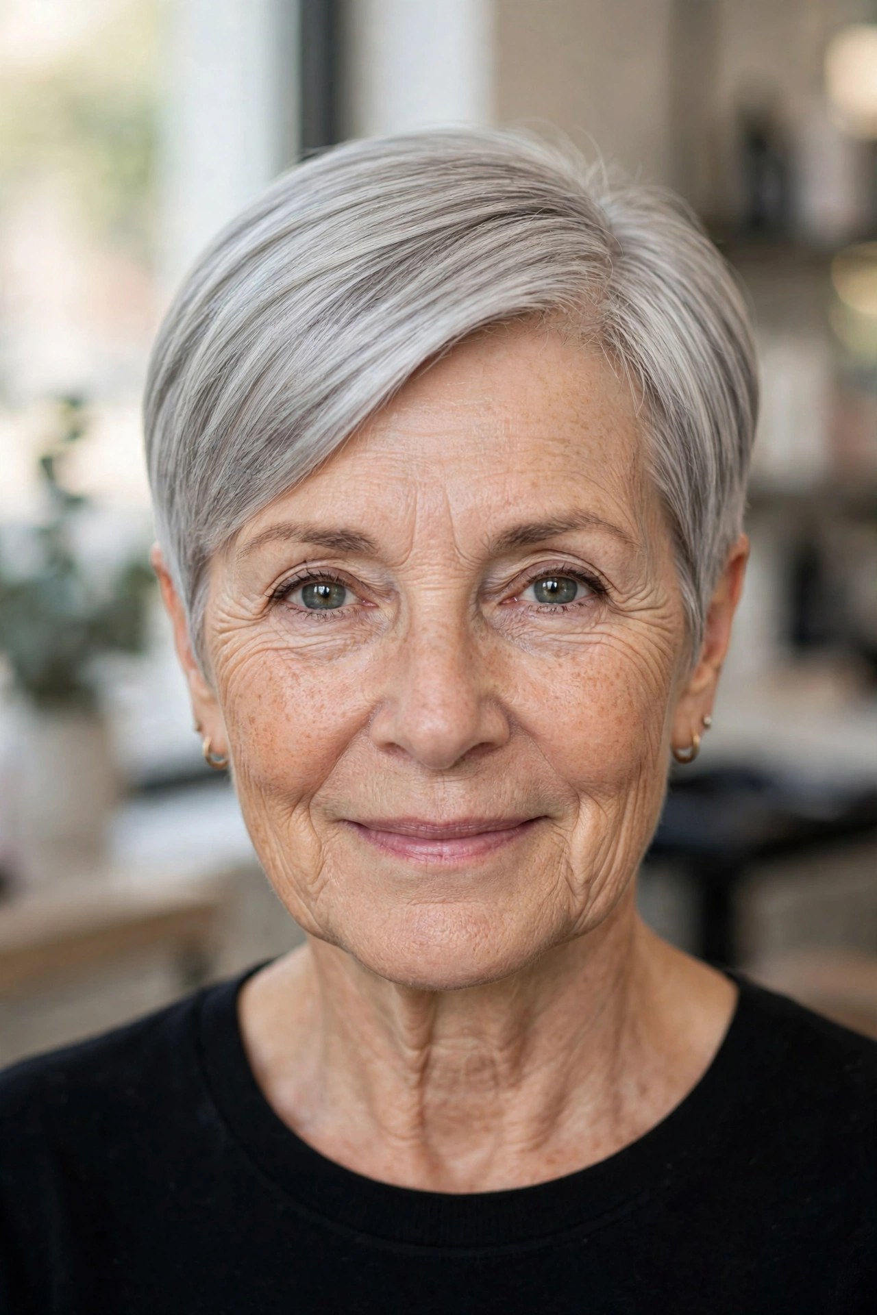 Sleek Polished Tapered Pixie on a woman over 60 - tapered pixie cut for fine hair