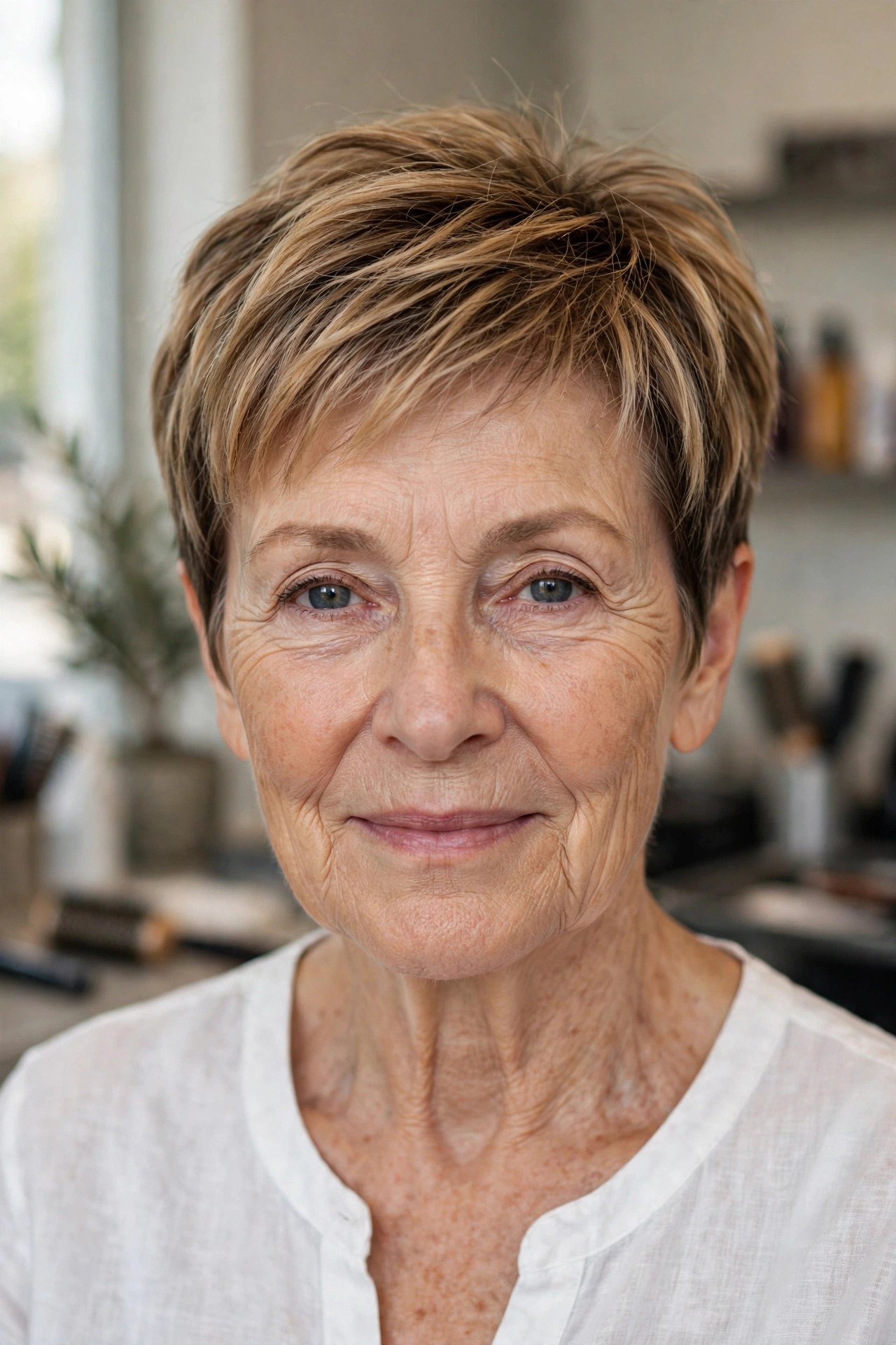 Honey Blonde Tapered Pixie with Lowlights on a woman over 60 - tapered pixie cut for fine hair