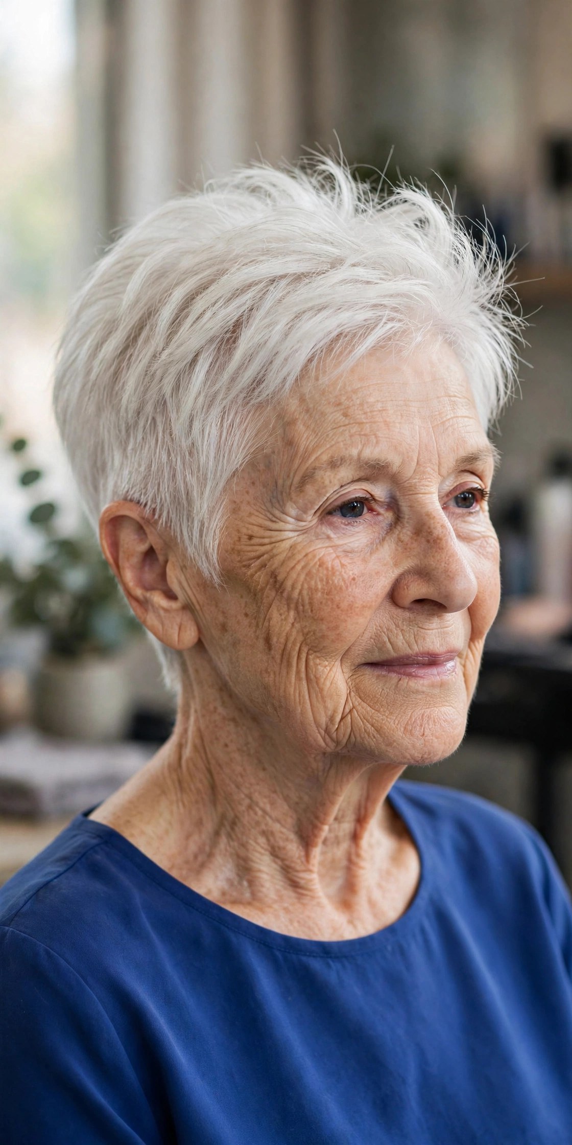 Snow-Silver Tapered Pixie on a woman over 60 - tapered pixie cut for fine hair