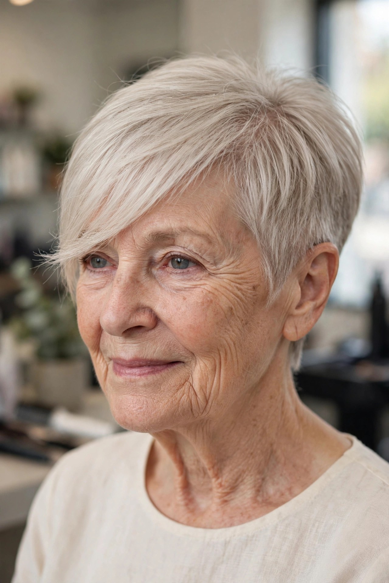 Tapered Pixie with Long Side-Swept Bangs on a woman over 60 - tapered pixie cut for fine hair