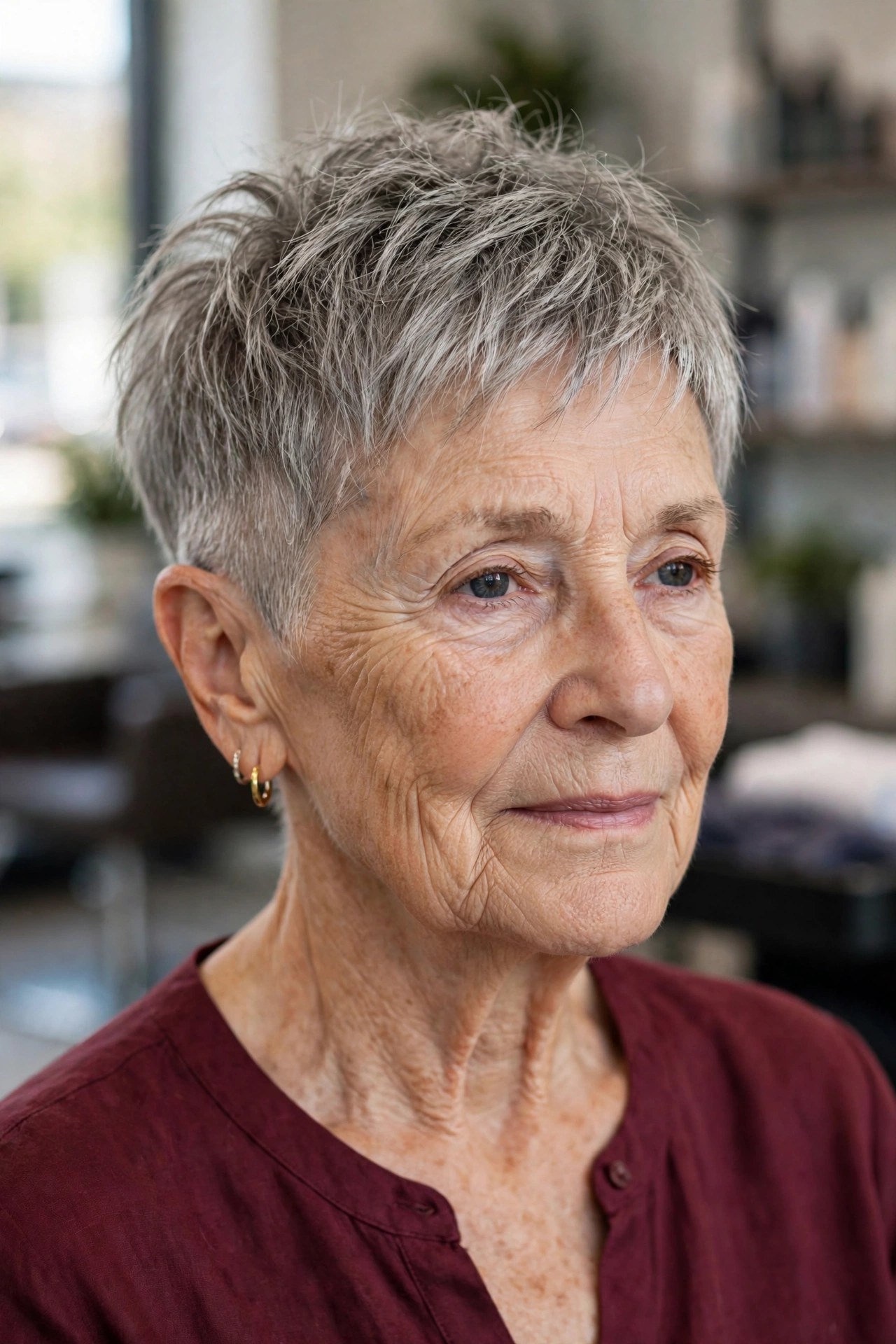 Choppy Tapered Pixie with Piecey Ends on a woman over 60 - tapered pixie cut for fine hair