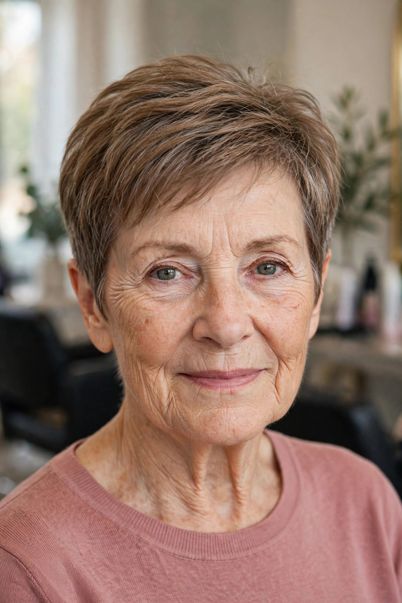 Feathered Tapered Pixie Brushed Back on a woman over 60 - tapered pixie cut for fine hair