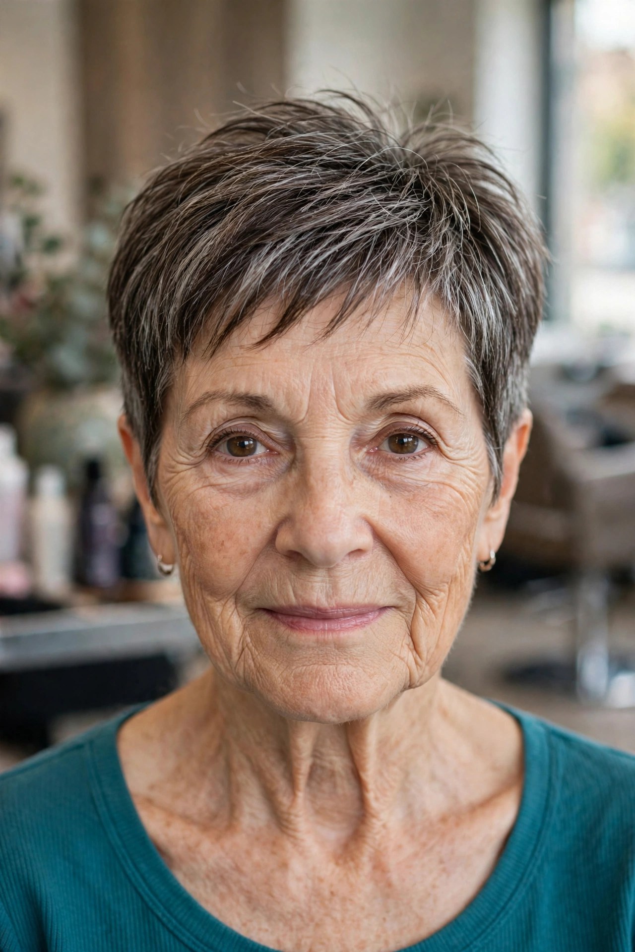 Salt-and-Pepper Tapered Pixie on a woman over 60 - tapered pixie cut for fine hair