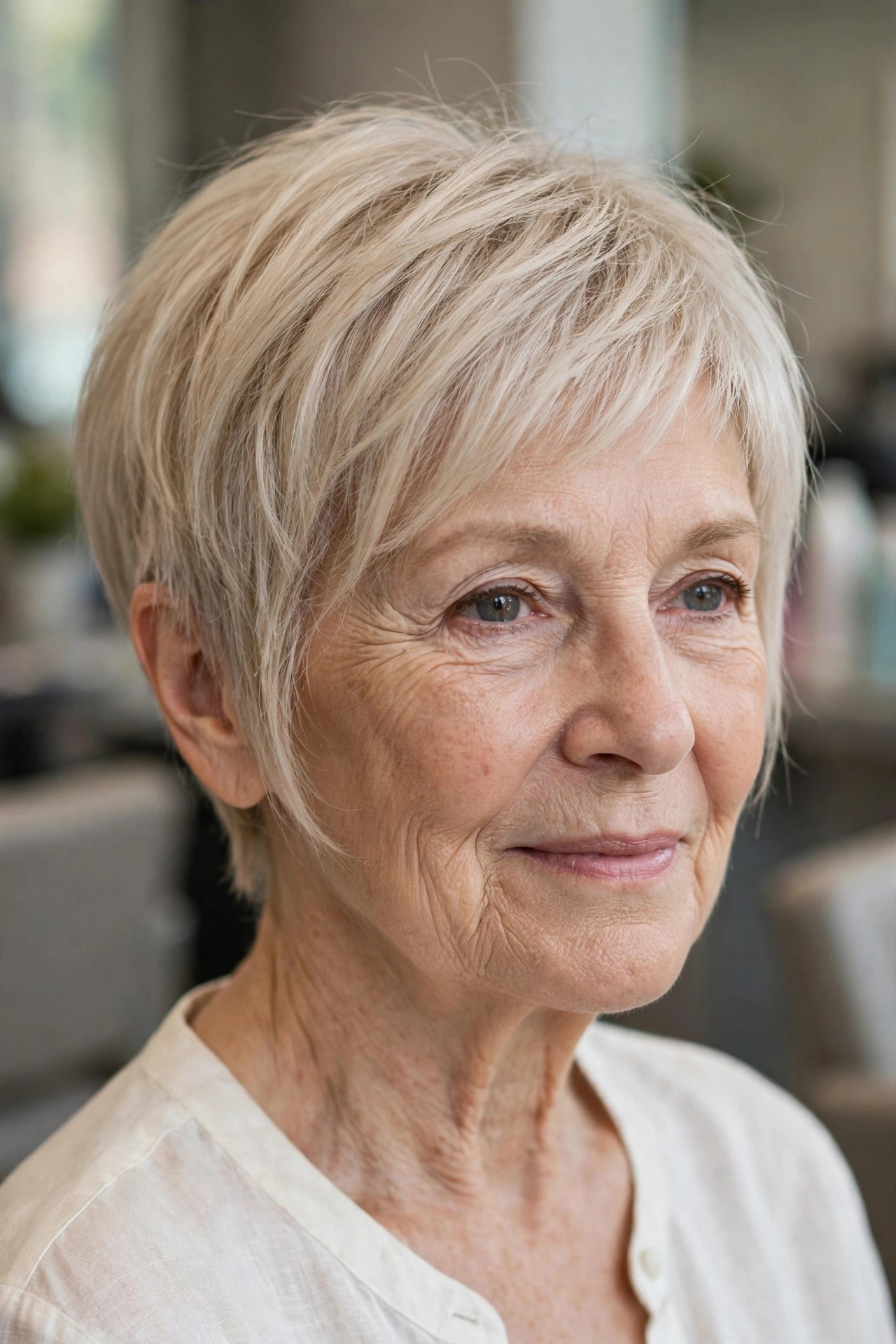 Tapered Pixie Bob with a Longer Front on a woman over 60 - tapered pixie cut for fine hair