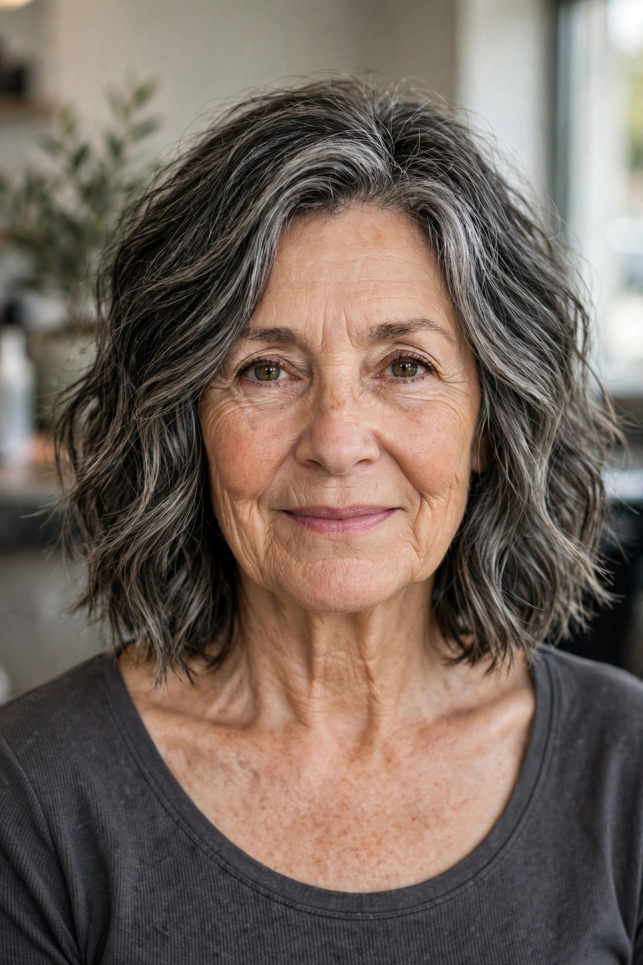 Salt-and-Pepper Textured Lob - textured lob hairstyle for a woman over 50
