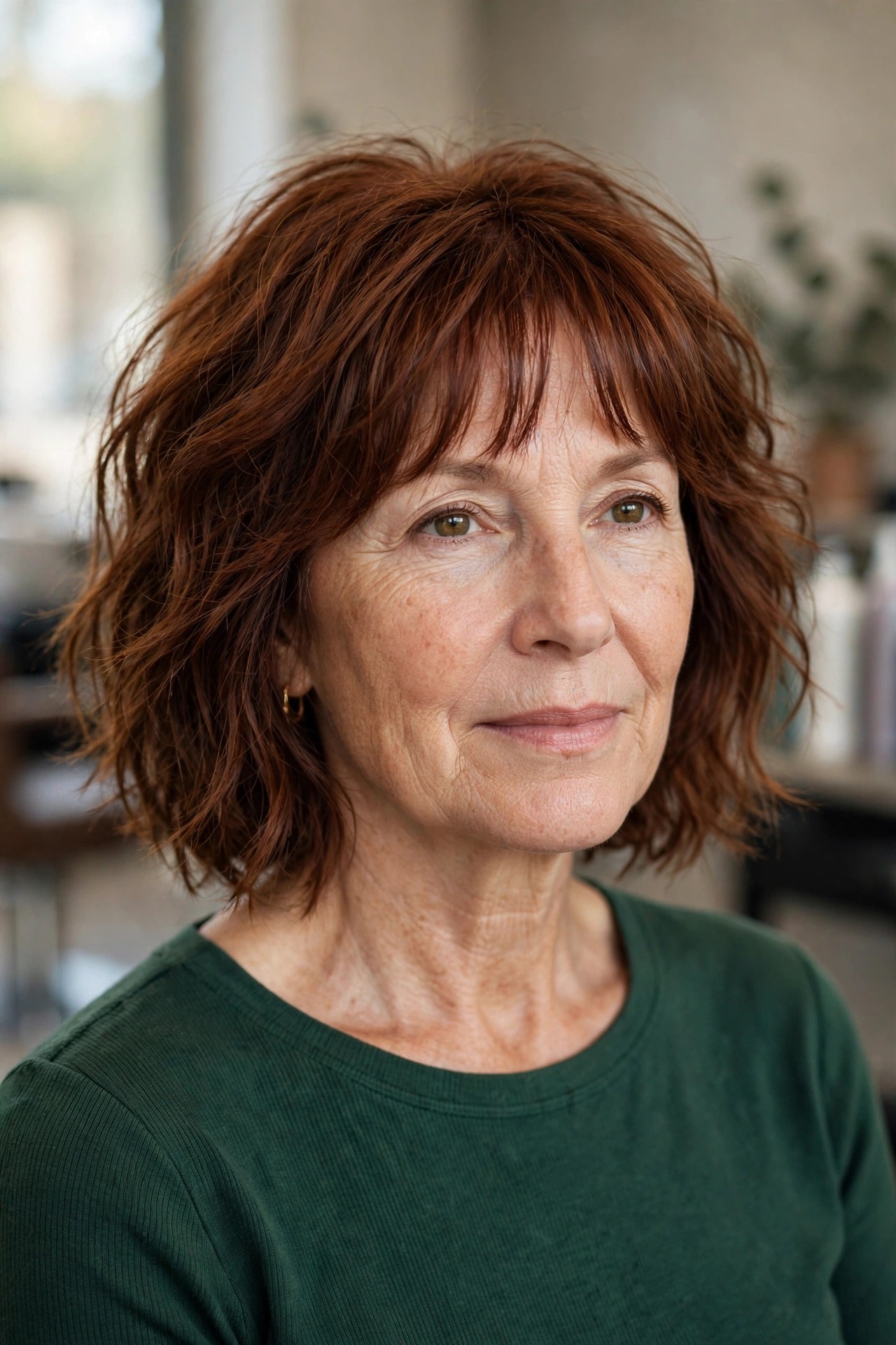 Lob with Wispy Bangs and Tousled Waves - textured lob hairstyle for a woman over 50