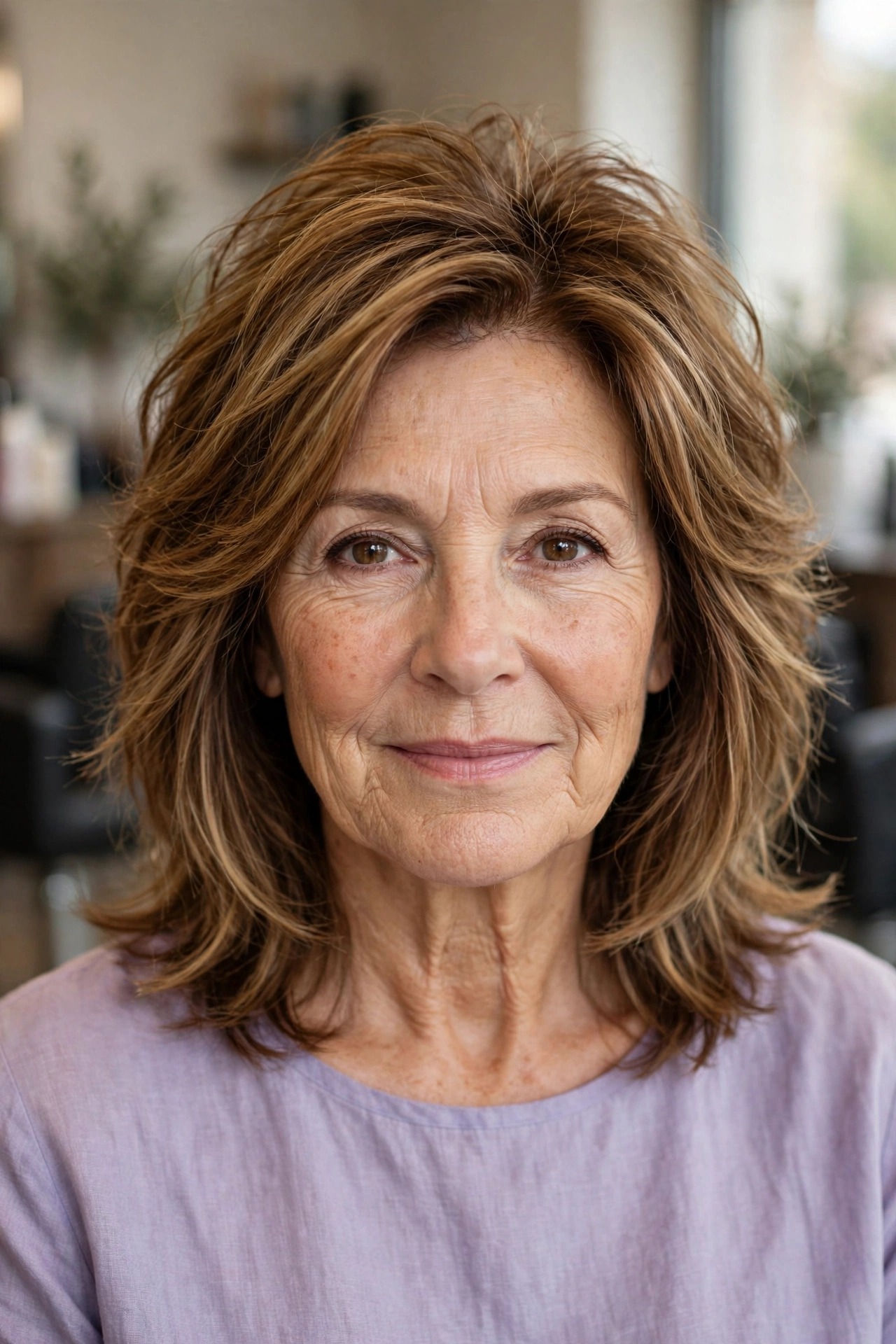 Layered Lob with Crown Volume - textured lob hairstyle for a woman over 50