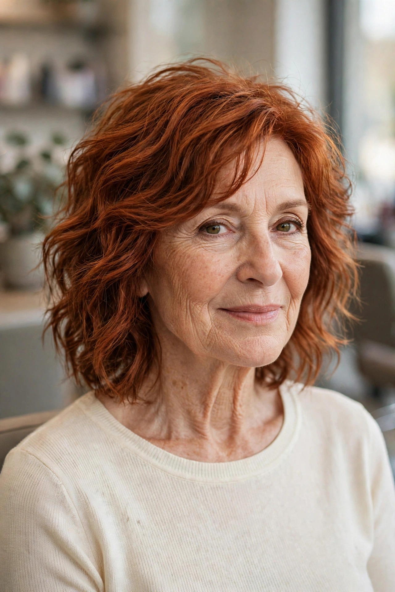 Warm Copper Textured Lob - textured lob hairstyle for a woman over 50