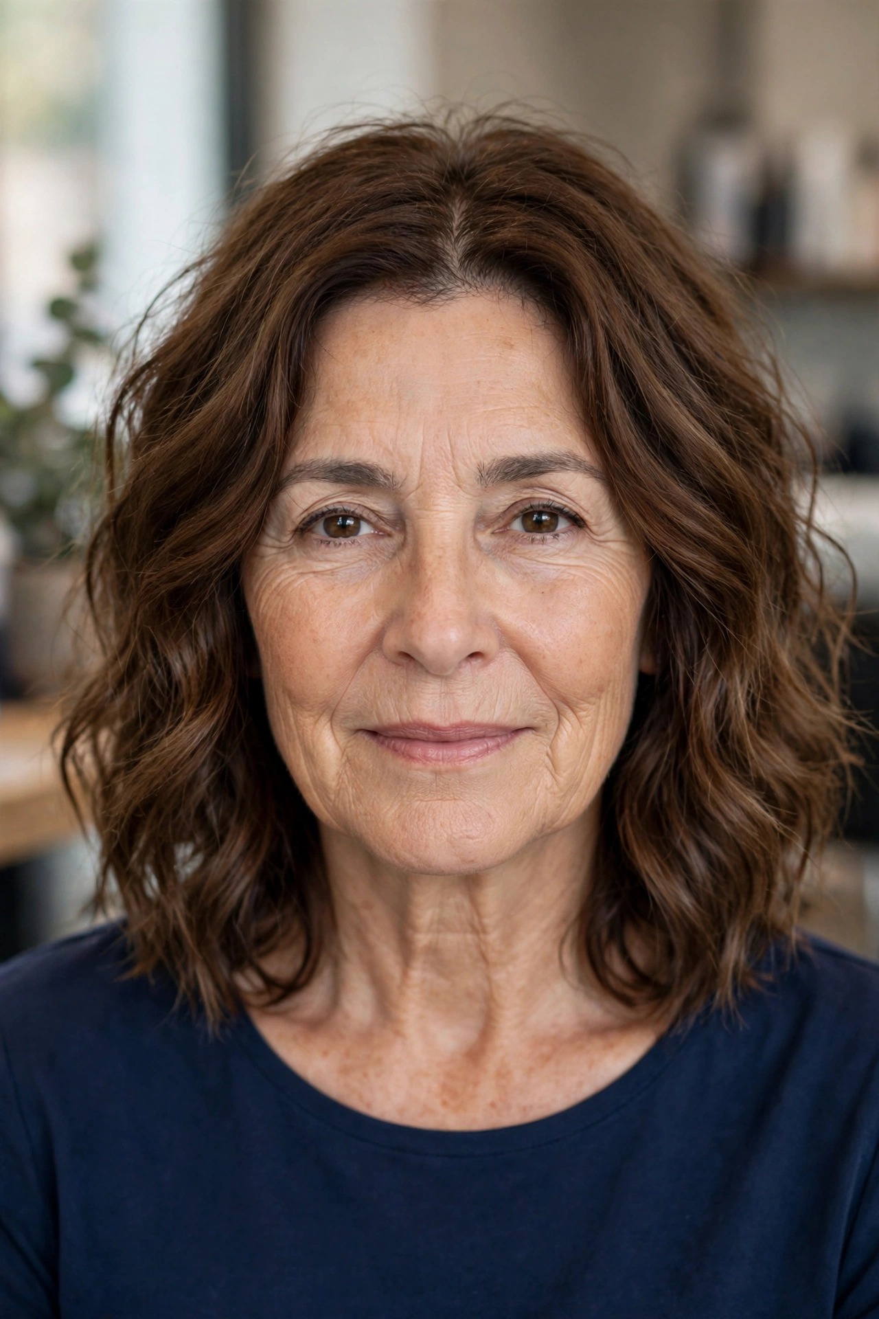 Wavy Tousled Lob with a Center Part - textured lob hairstyle for a woman over 50