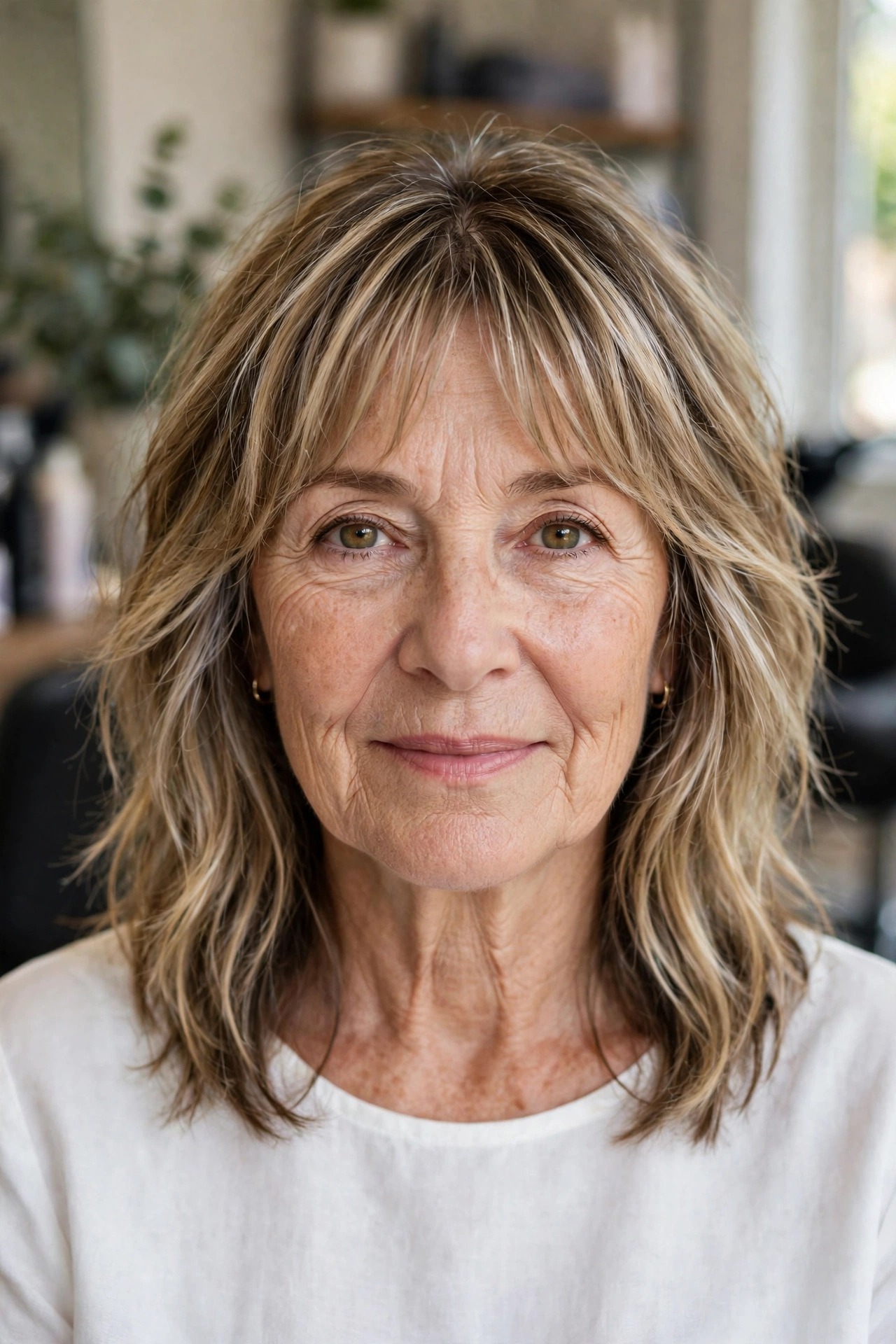 Lob with Curtain Bangs and Feathered Layers - textured lob hairstyle for a woman over 50
