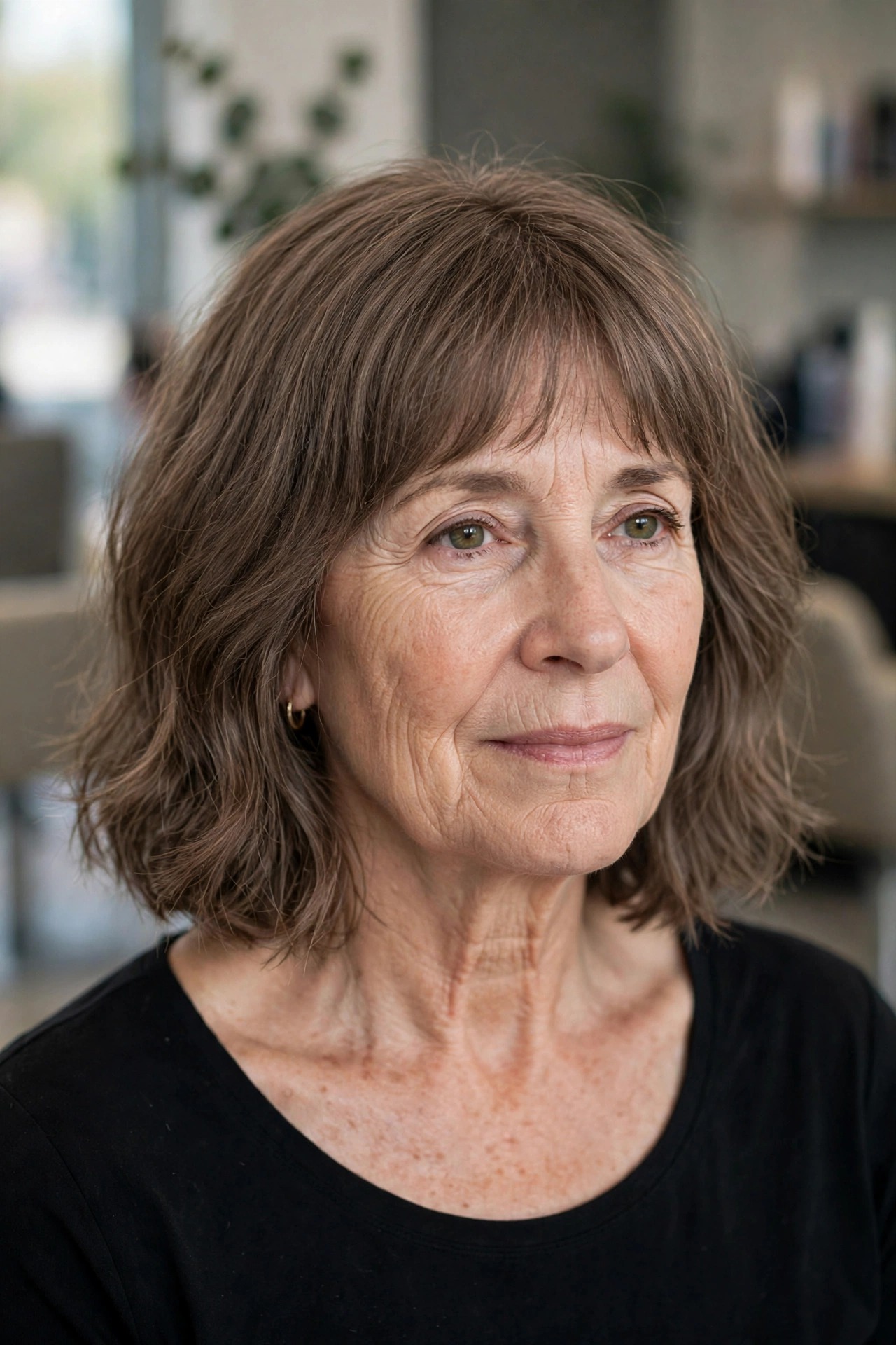 Blunt-Perimeter Lob with Wispy Fringe and Internal Texture - textured lob hairstyle for a woman over 50