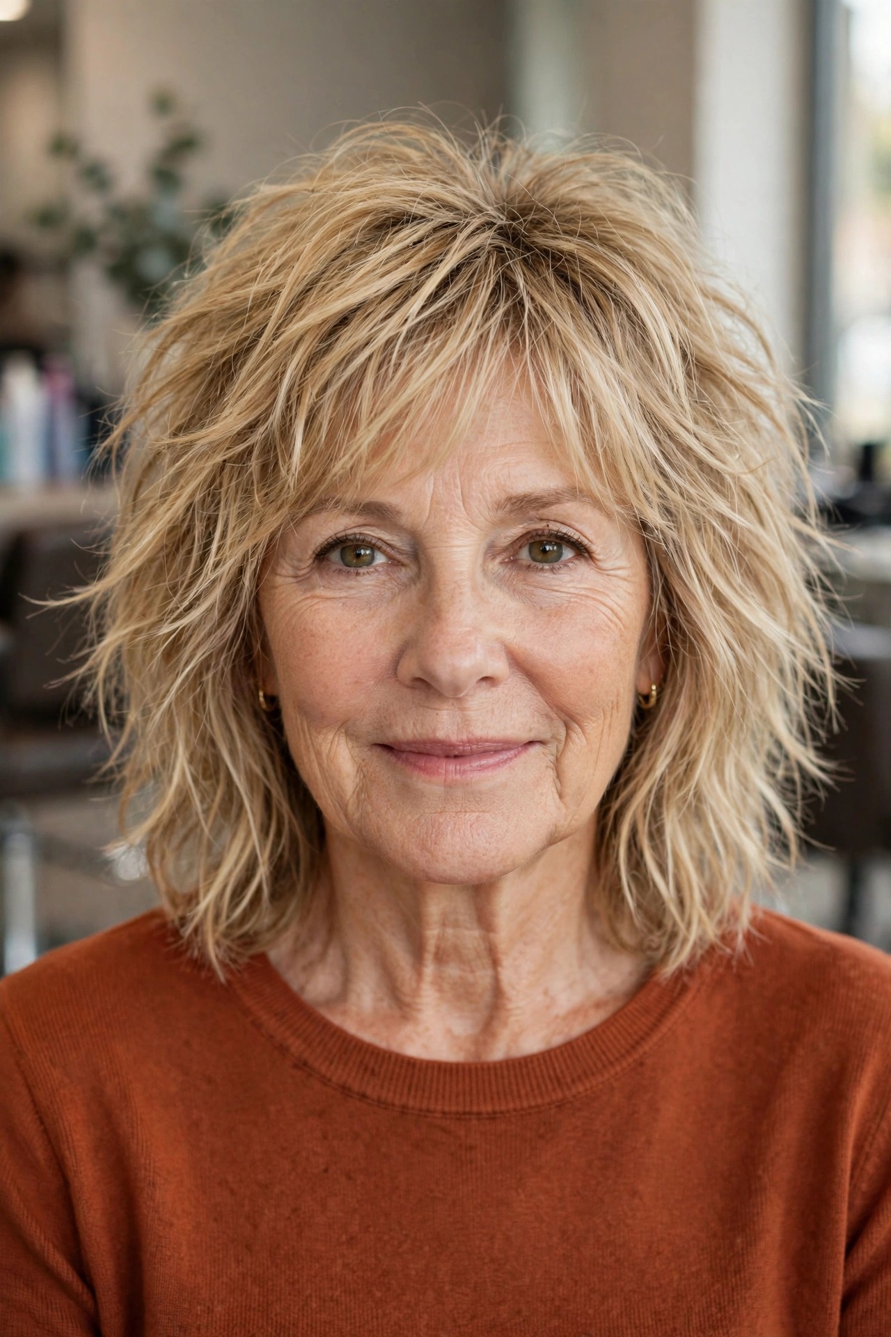 Shaggy Lob with Razored Ends - textured lob hairstyle for a woman over 50